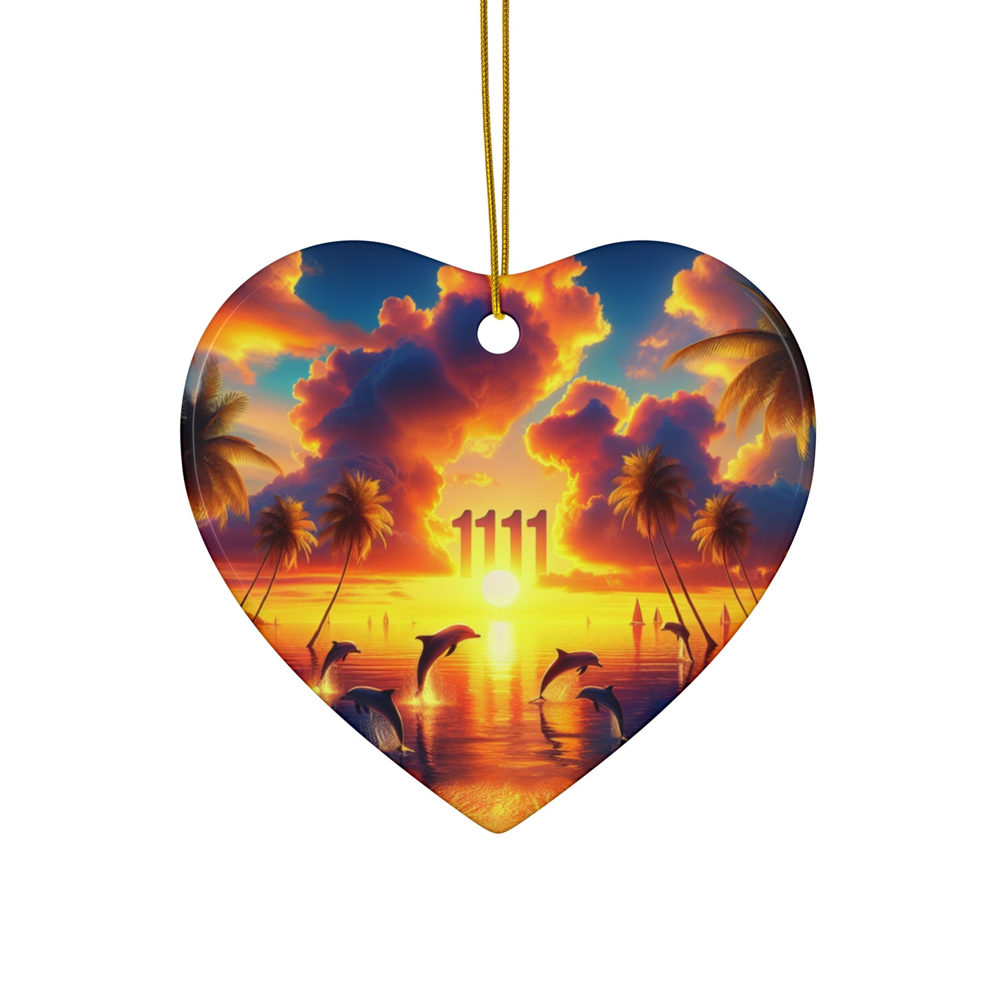 Ceramic Ornament Star, Heart, Snowflake or Circle 1111 "Paradise Serenity: Tropical Sunset Escape" - Tropical Beach Sunset with Palm Trees, Dolphins, and Sailboats
