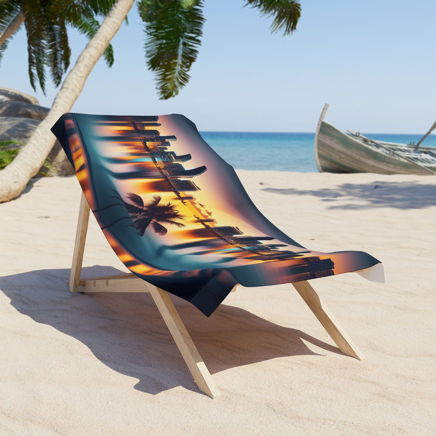 Miami Sunset City Lights and Ocean Reflection Mirror Image Beach Towel