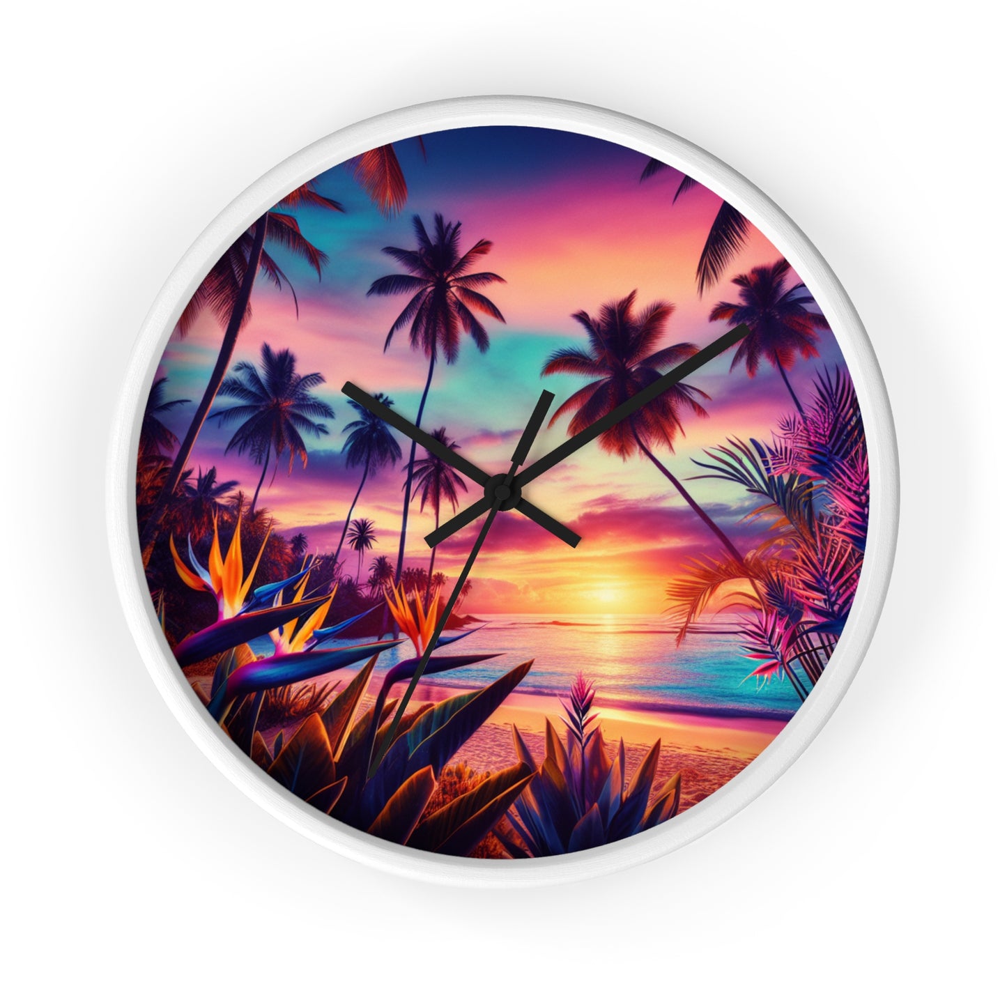 "Paradise Dusk: A Tropical Serenade" - Tropical Beach at Sunset 10" Wall Art Clock