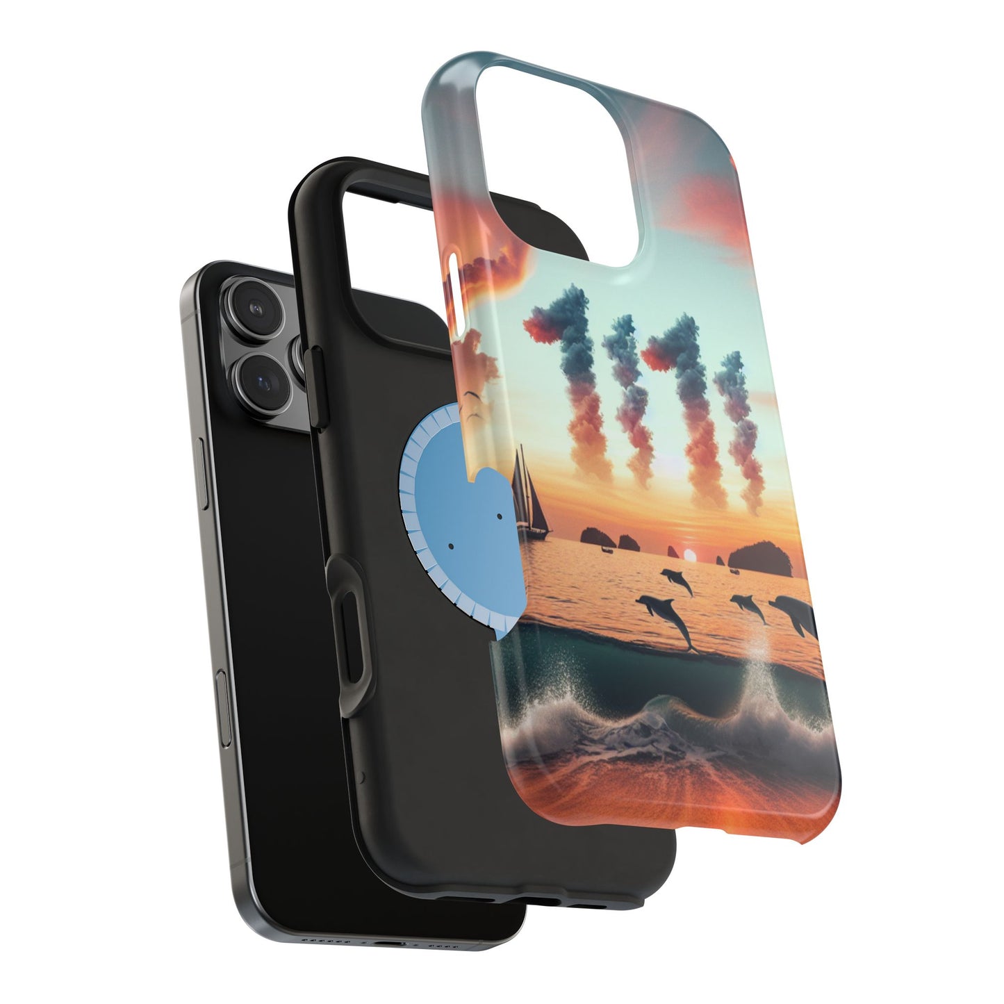 Magnetic Iphone 16 15 14 13 Pro and Max Angel number 1111 in the clouds "Sundrenched Serenity: A Tropical Twilight Symphony" - Tough Phone Case with Tropical Beach Sunset Dolphins ande Sailboats HD Art