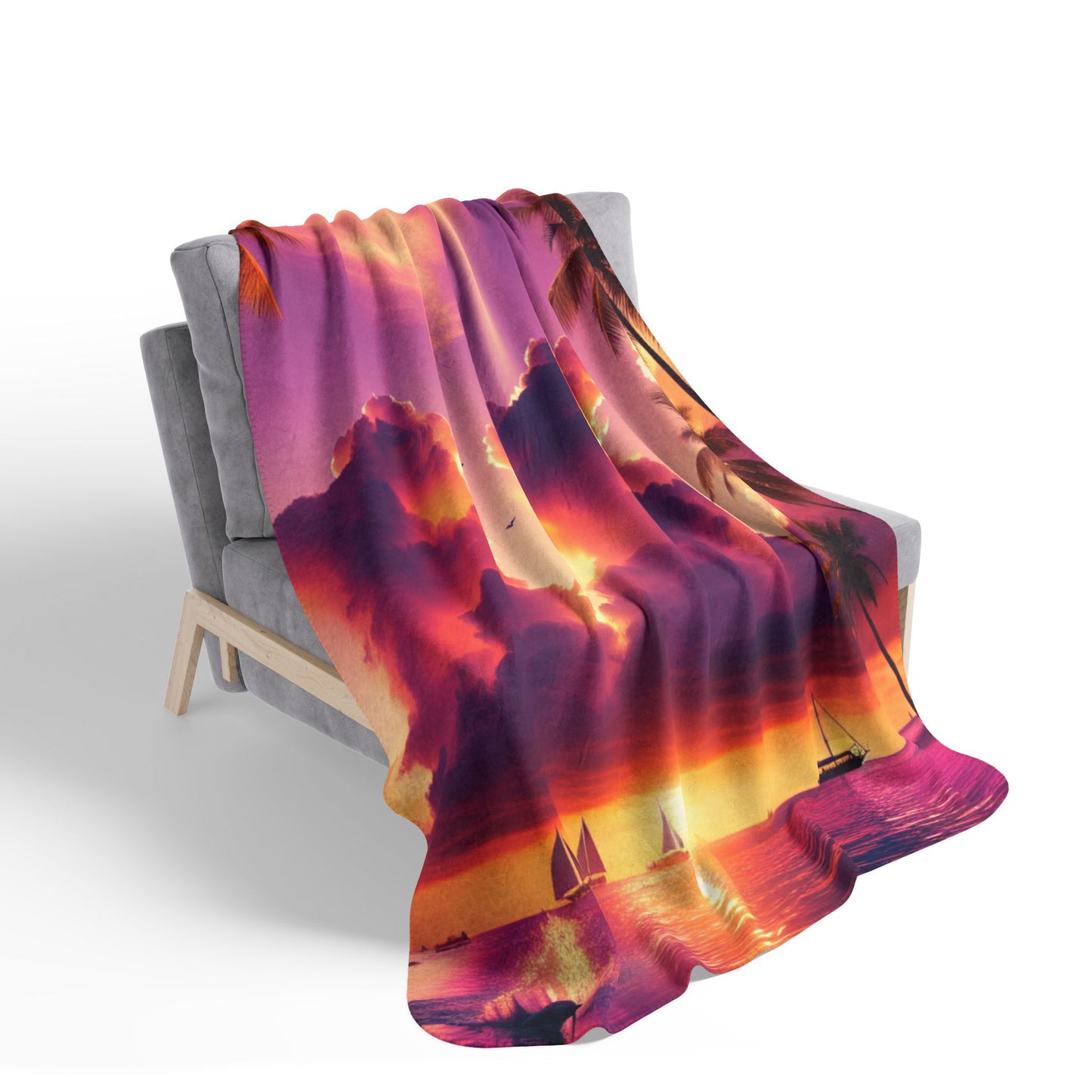Sherpa Fleece Blanket 1111 "Divine Serenity: A Tropical 1111 Angelic Twilight Symphony" - with Tropical Beach Sunset, Palm Trees, Dolphins, and Sailboats