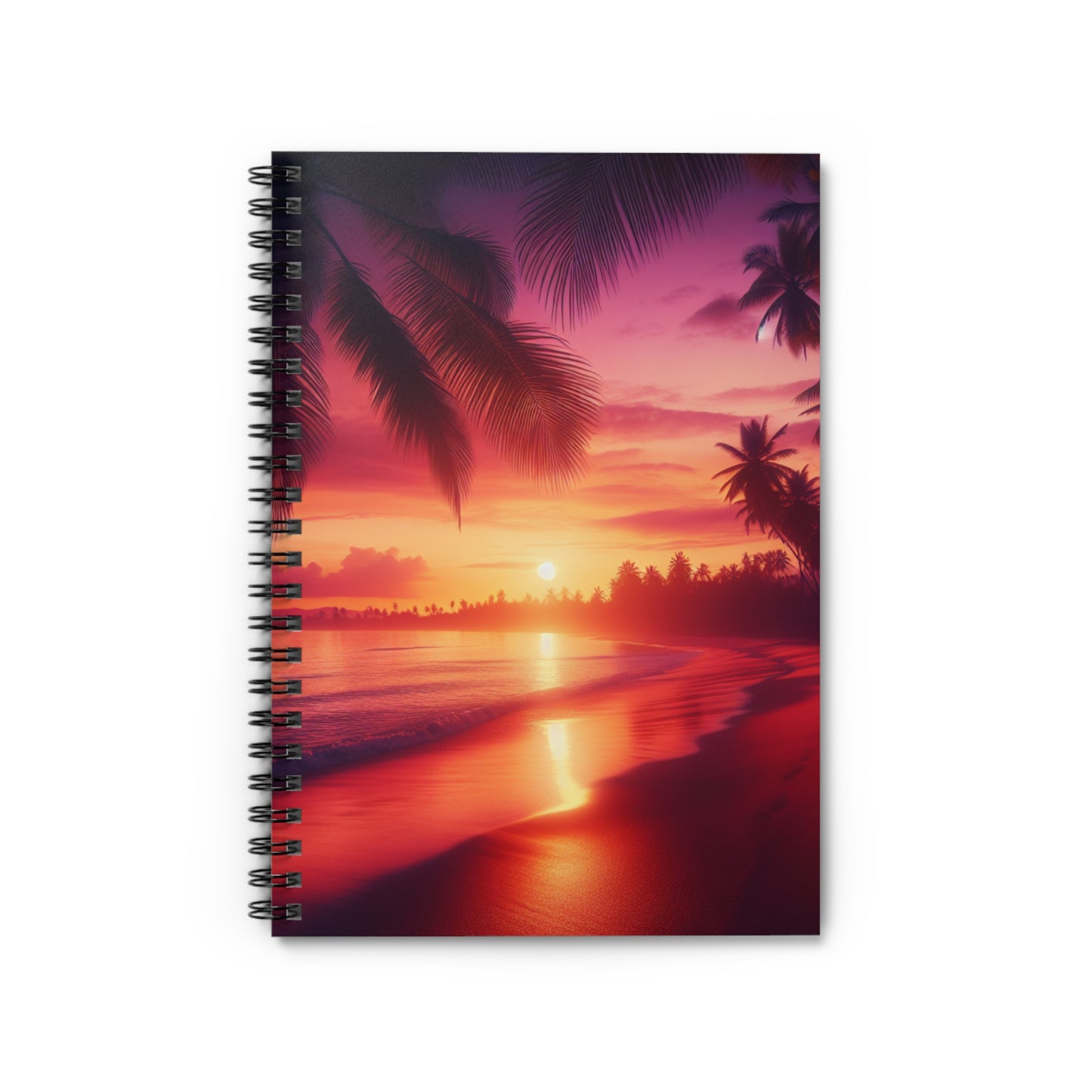 "Tropical Tranquility: Sundown by the Palms" - Spiral Notebook with Ruled Lines and Tropical Beach Sunset Palm Trees Art