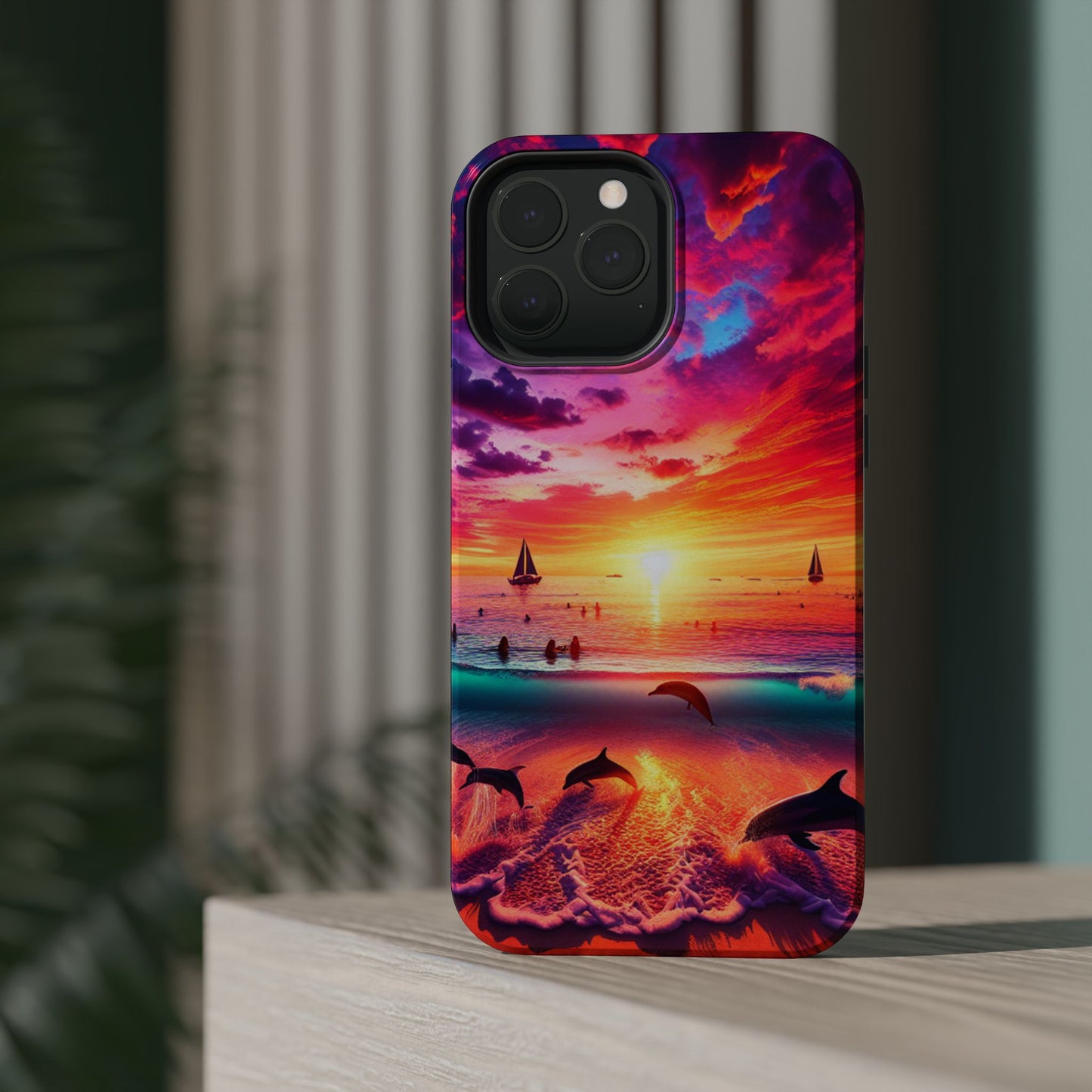 Magnetic Tough Phone case for phone 16 15 14 13 1111 "Paradise Dusk: An Enchanting Tropical Display" - Tough Phone Case with Tropical Beach Sunset Dolphins ande Sailboats HD Art