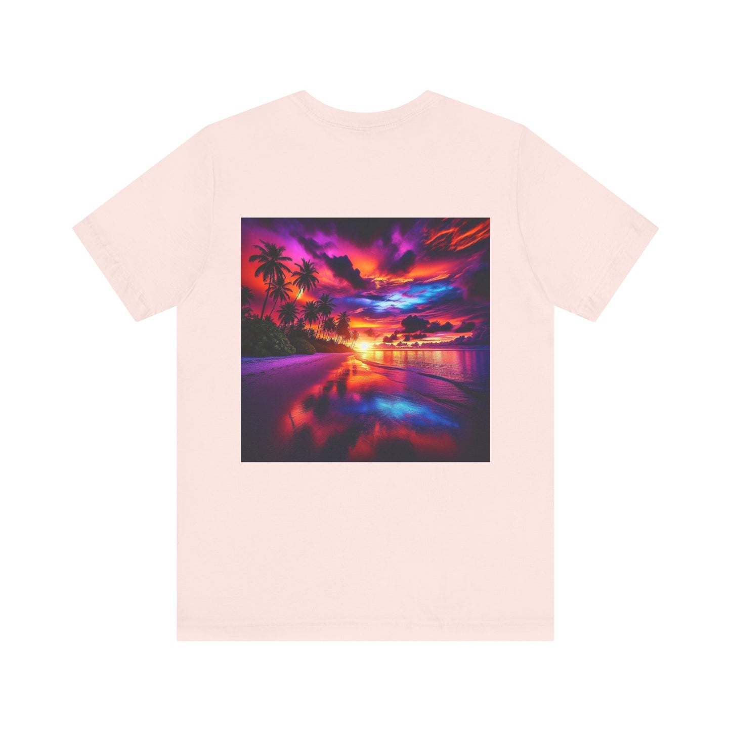 "Paradise Serenity: A Tropical Sunset Symphony" - Tropical Beach Sunset with Palm Trees Unisex Jersey Tee