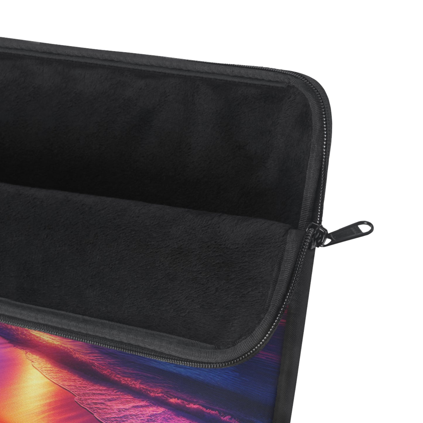 "Paradise Dusk: An Island Sunset Symphony" - Laptop Sleeve with Tropical Beach Sunset with Palm Trees Art
