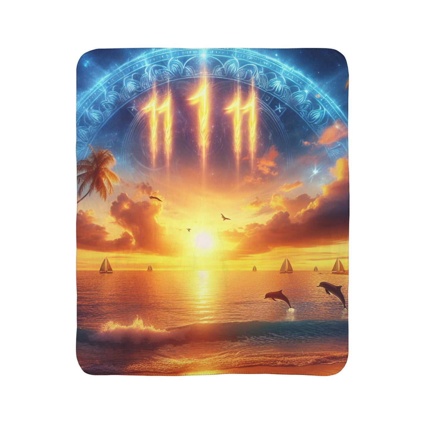 Sherpa Fleece Blanket 1111 "Paradise 1111: Serenity Aglow - A Divine Tropical Oasis" - with Tropical Beach Sunset, Palm Trees, Dolphins, and Sailboats
