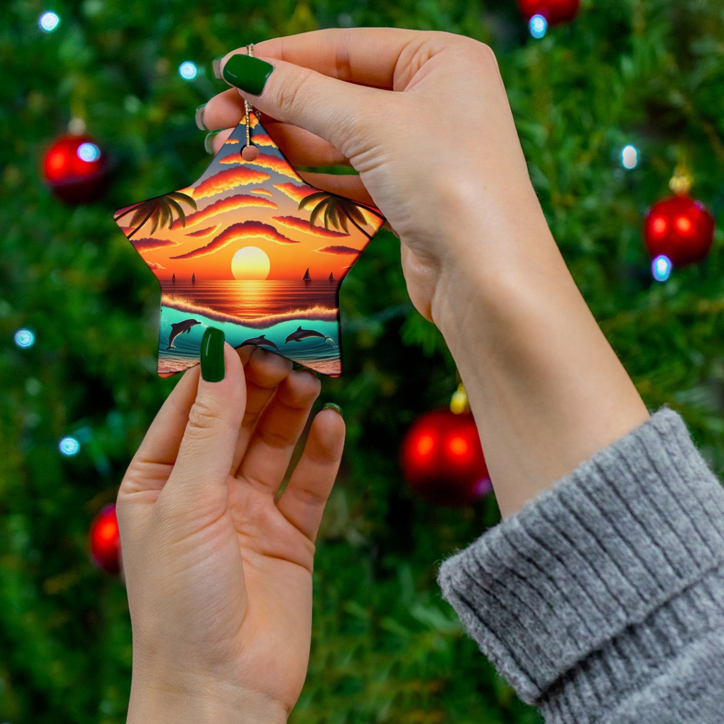 Ceramic Ornament, Tropical Beach Sunset, Star Heart Snowflake Circle, Paradise Embrace, Dolphins Sailboats Palm Trees, Christmas Tree