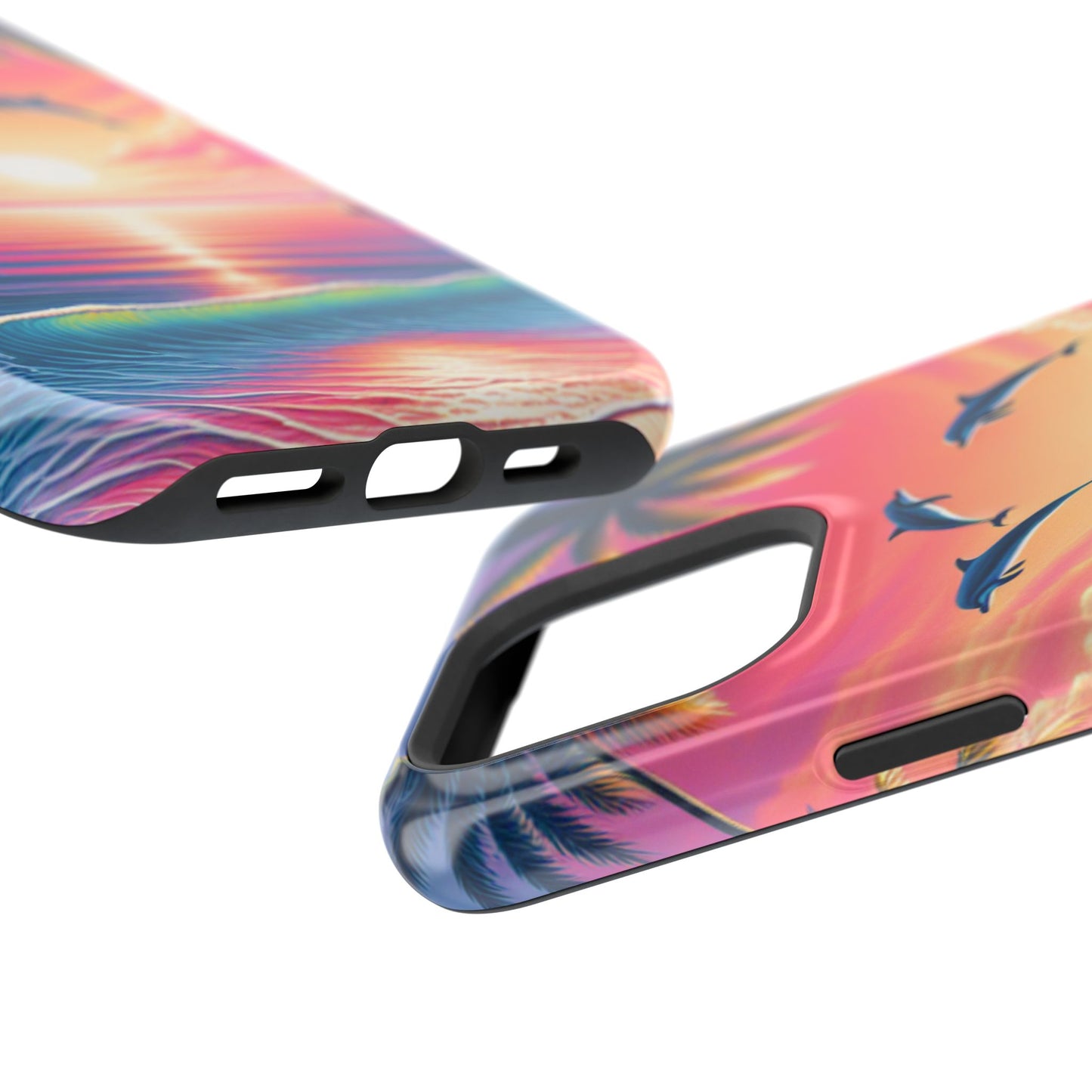 Magnetic Iphone 16 15 14 13 Pro and Max "Sunset Serenity: Tropical Paradise" - Tough Phone Case with Tropical Beach Sunset Dolphins ande Sailboats HD Art