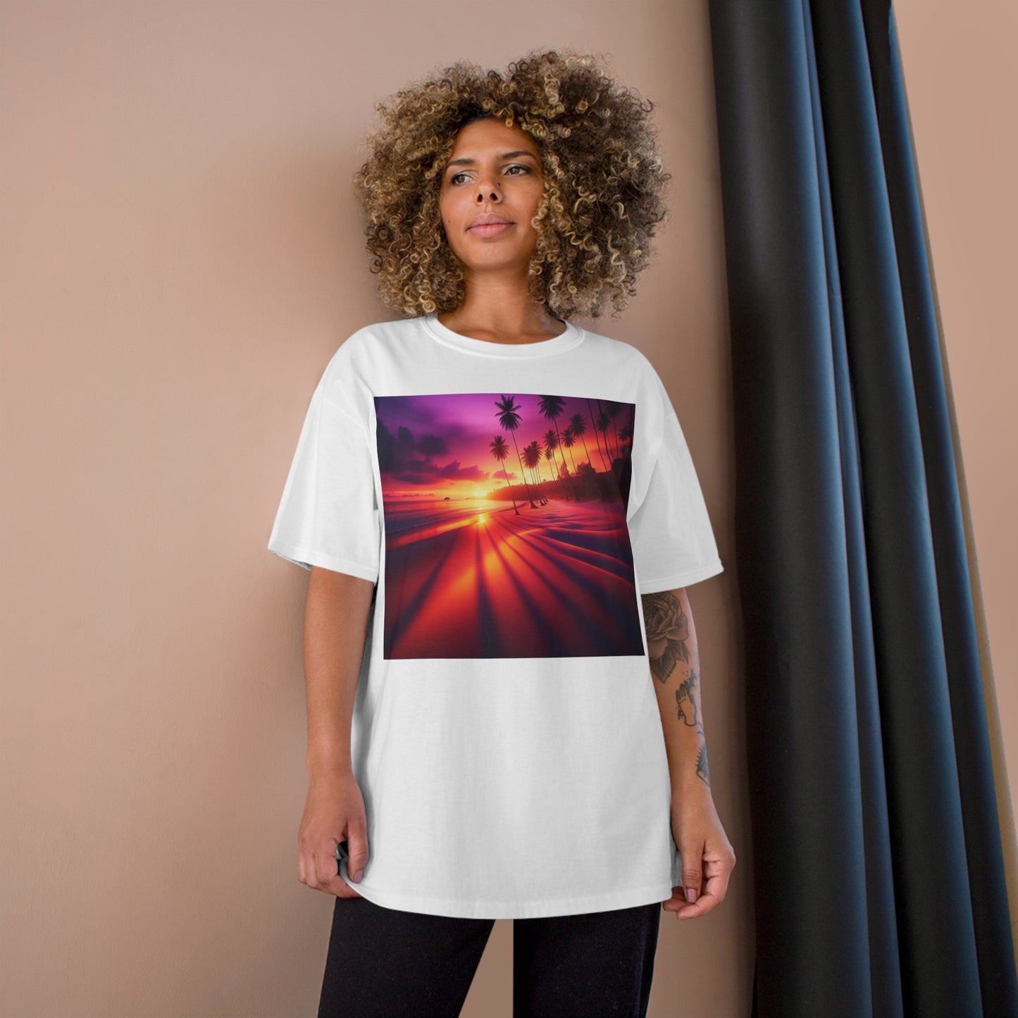 "Palms Embrace the Sun: A Tropical Twilight Symphony" - Champion Tee Tropical Beach Sunset with Palm Trees