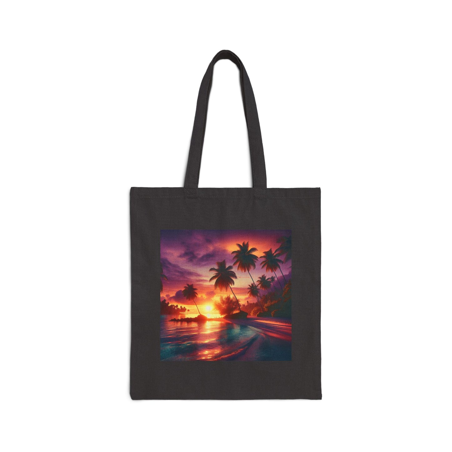 "Paradise Serenity: A Tropical Dusk Symphony" - Natural or Black Cotton Canvas Tote Bag with Tropical Beach Sunset and Palm Trees