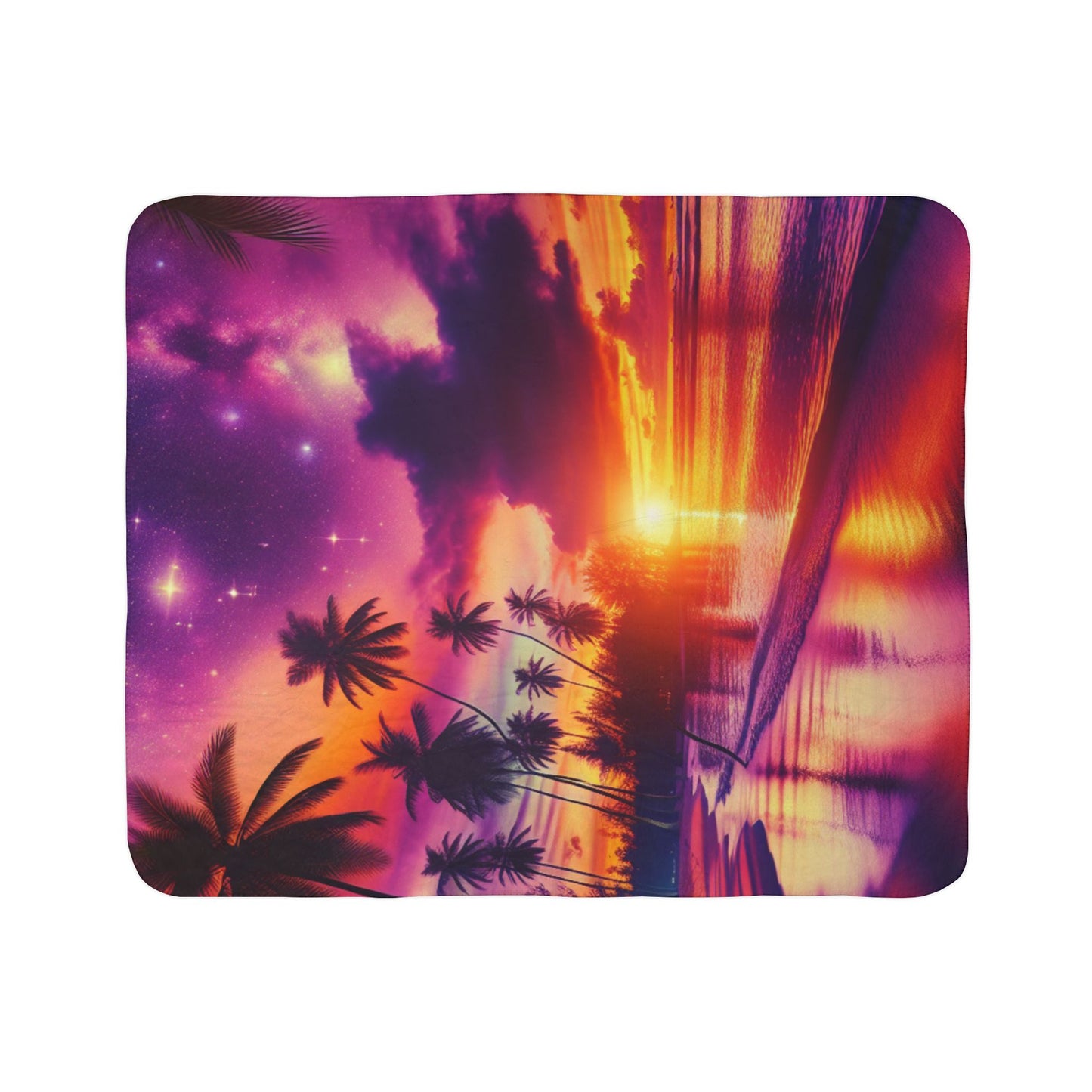 Sherpa Fleece Blanket with Tropical Beach Sunset and Palm Trees Paradise Dusk: An Equatorial Serenade"