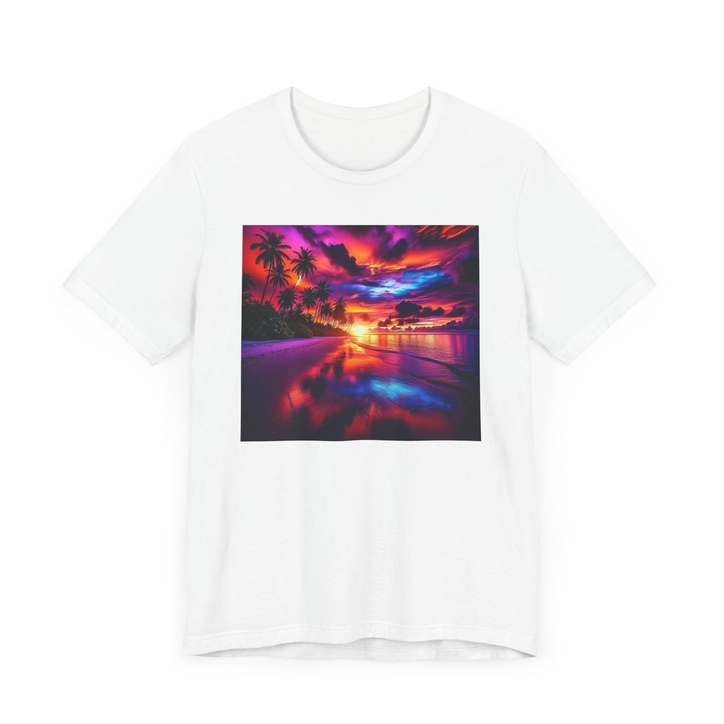"Paradise Serenity: A Tropical Sunset Symphony" - Tropical Beach Sunset with Palm Trees Unisex Jersey Tee