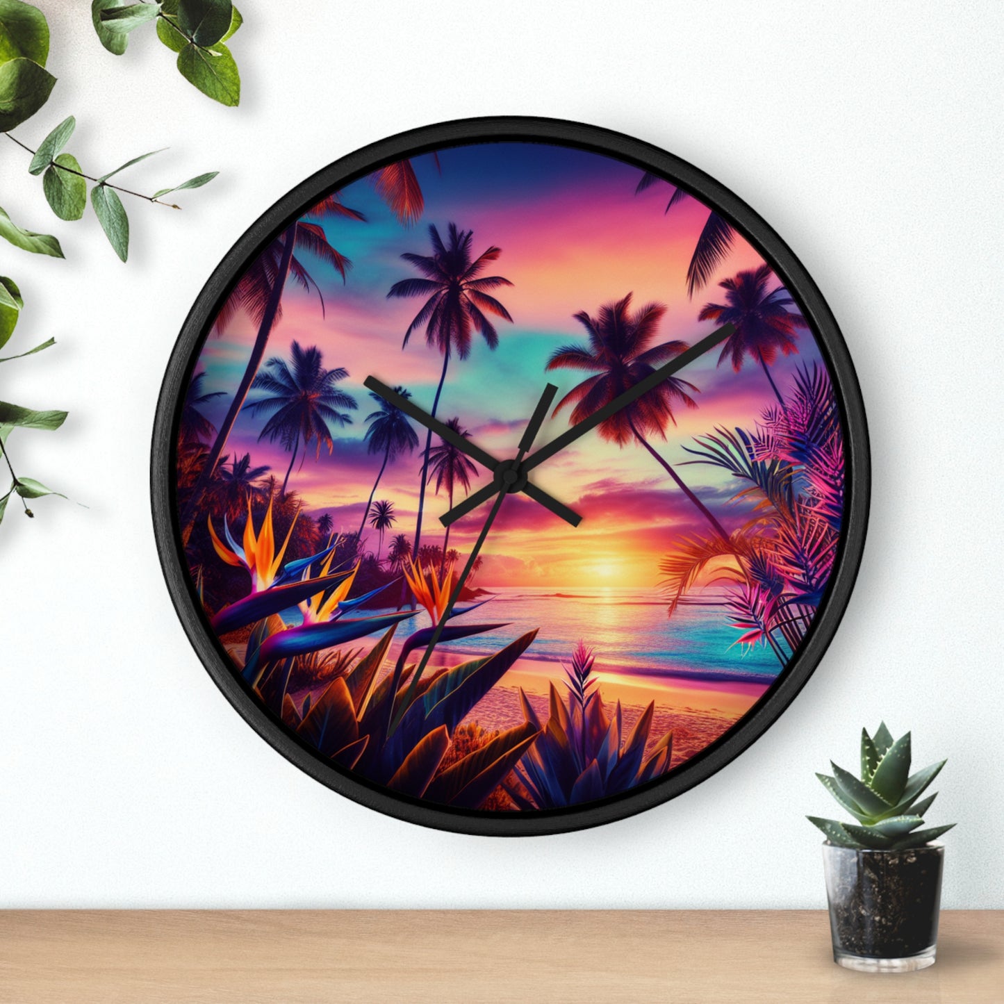 "Paradise Dusk: A Tropical Serenade" - Tropical Beach at Sunset 10" Wall Art Clock