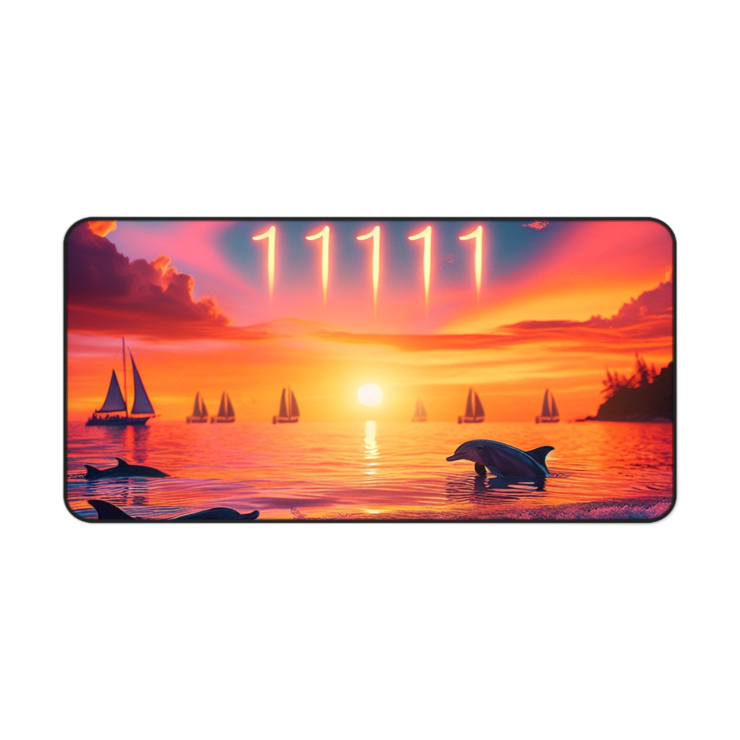 Desk Mat, Tropical Beach Sunset Dolphins Sailboats Angel Number 11111 Positive Mindset Reminder, Ocean Seaside Hanging Art, Spiritual Journey