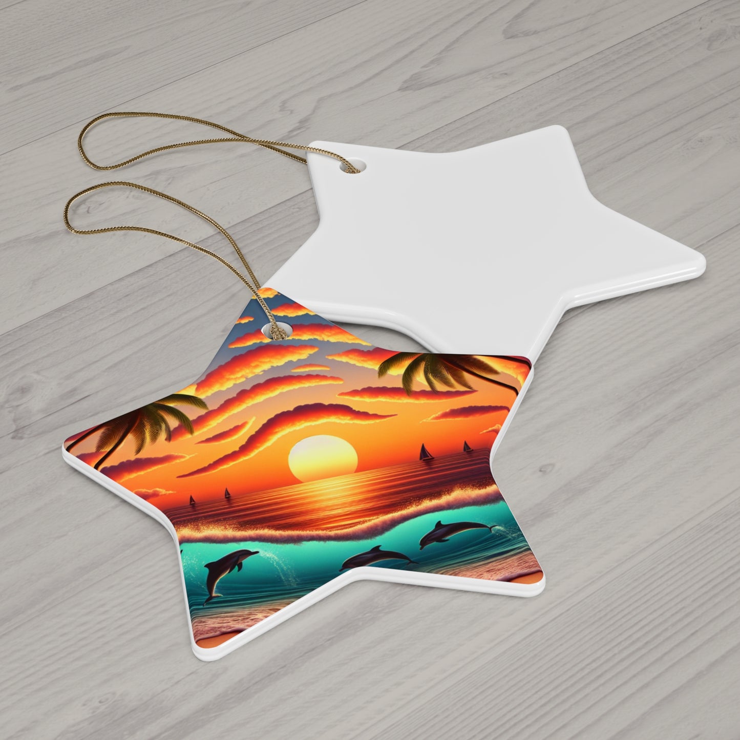 Ceramic Ornament, Tropical Beach Sunset, Star Heart Snowflake Circle, Paradise Embrace, Dolphins Sailboats Palm Trees, Christmas Tree