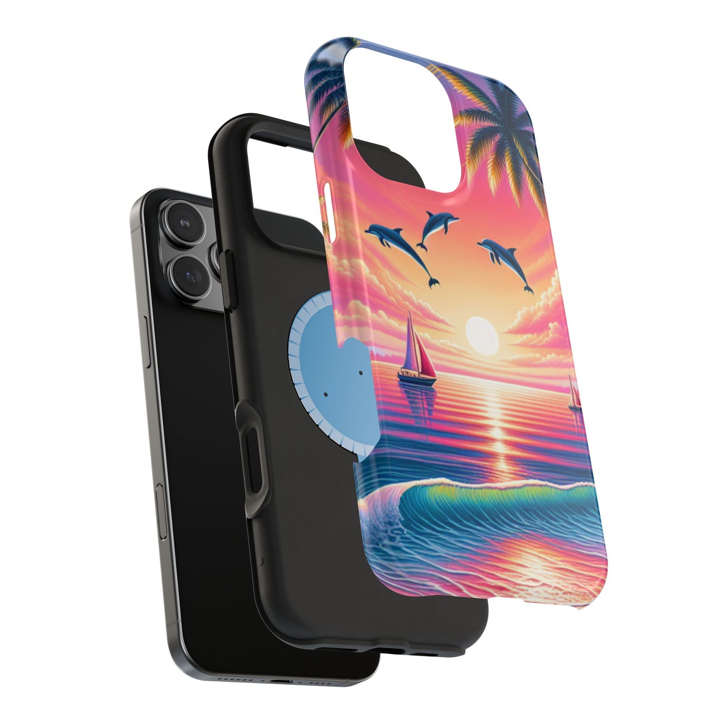 Magnetic Iphone 16 15 14 13 Pro and Max "Sunset Serenity: Tropical Paradise" - Tough Phone Case with Tropical Beach Sunset Dolphins ande Sailboats HD Art