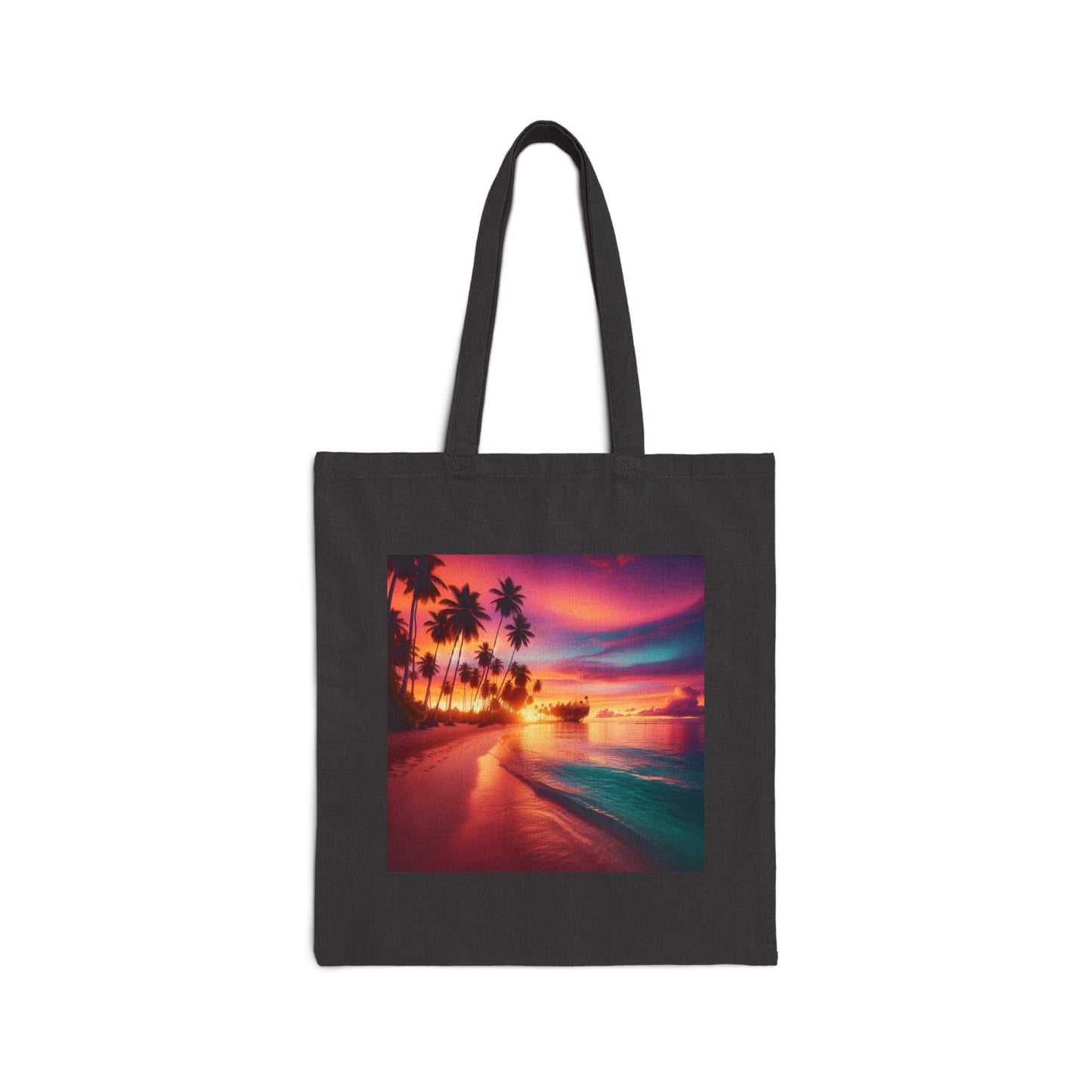 "Dusk Paradise: A Tropical Twilight Symphony" - Natural or Black Cotton Canvas Tote Bag with Tropical Beach Sunset and Palm Trees