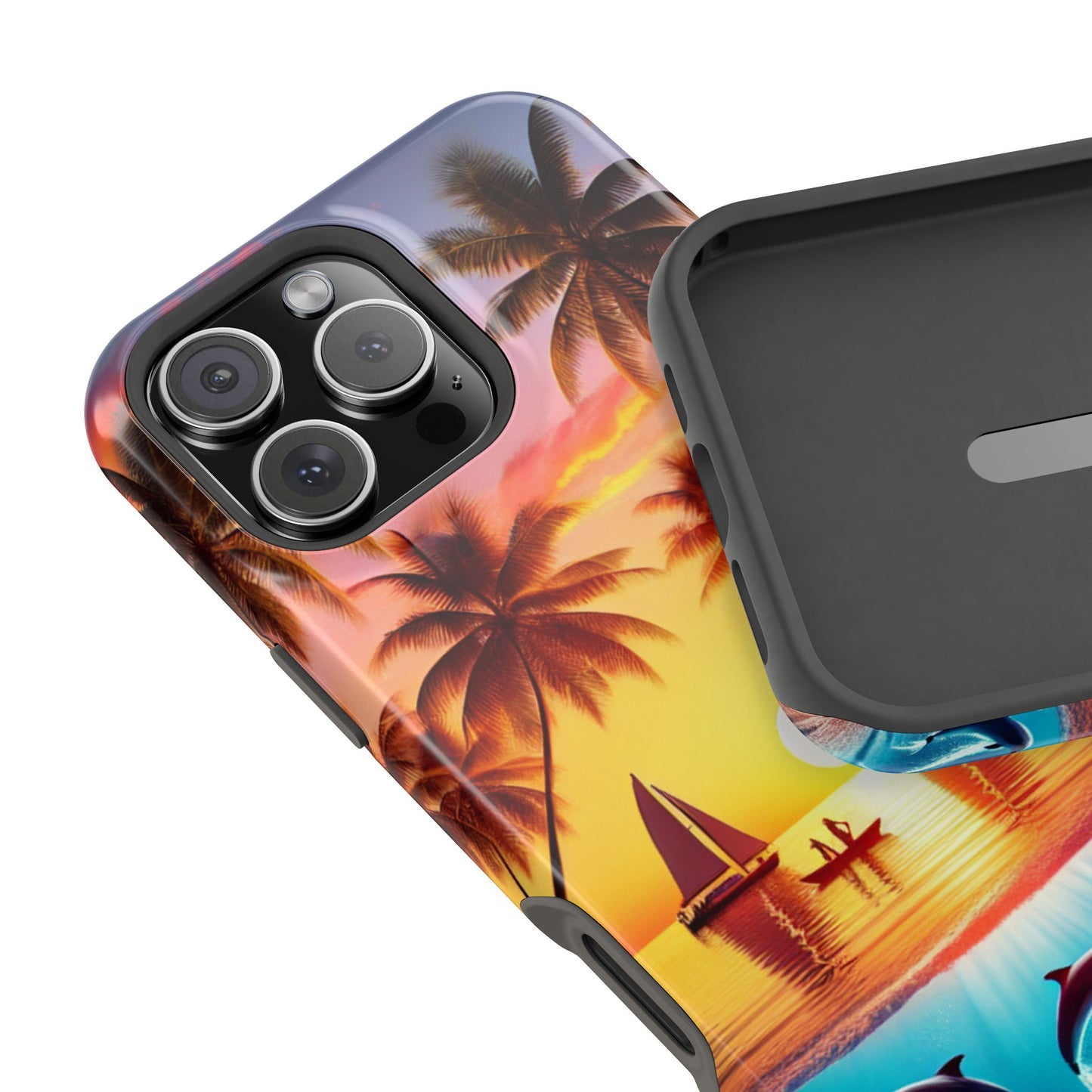 Magnetic Iphone 16 15 14 13 Pro and Max "Serenity at Sunset: A Tropical Tranquility" - Tough Phone Case with Tropical Beach Sunset Dolphins and Sailboats HD Art