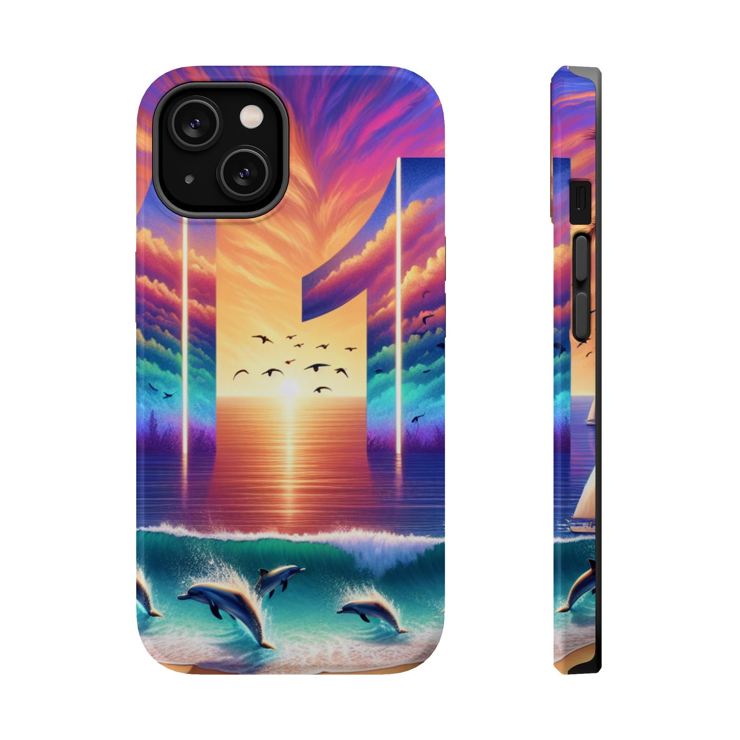 Magnetic Tough Phone case for phone 16 15 14 13 Pro Plus and Max 1111 "Island Serenity: Sunset Haven" - Tough Phone Case with Tropical Beach Sunset Dolphins ande Sailboats HD Art