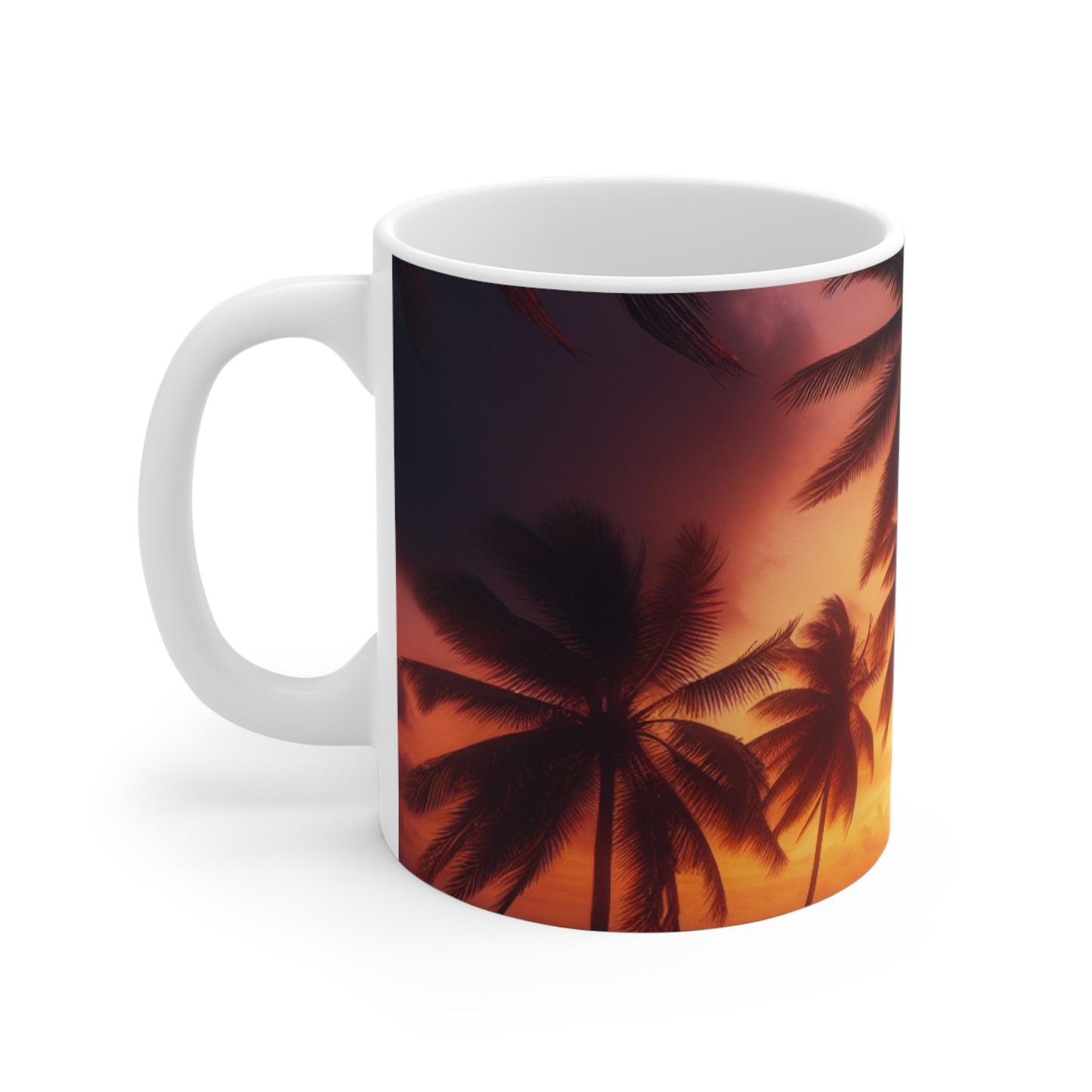 "Paradise Dusk: A Tropic Symphony" - Tropical Beach Sunset with Palm Trees 11oz White Mugs