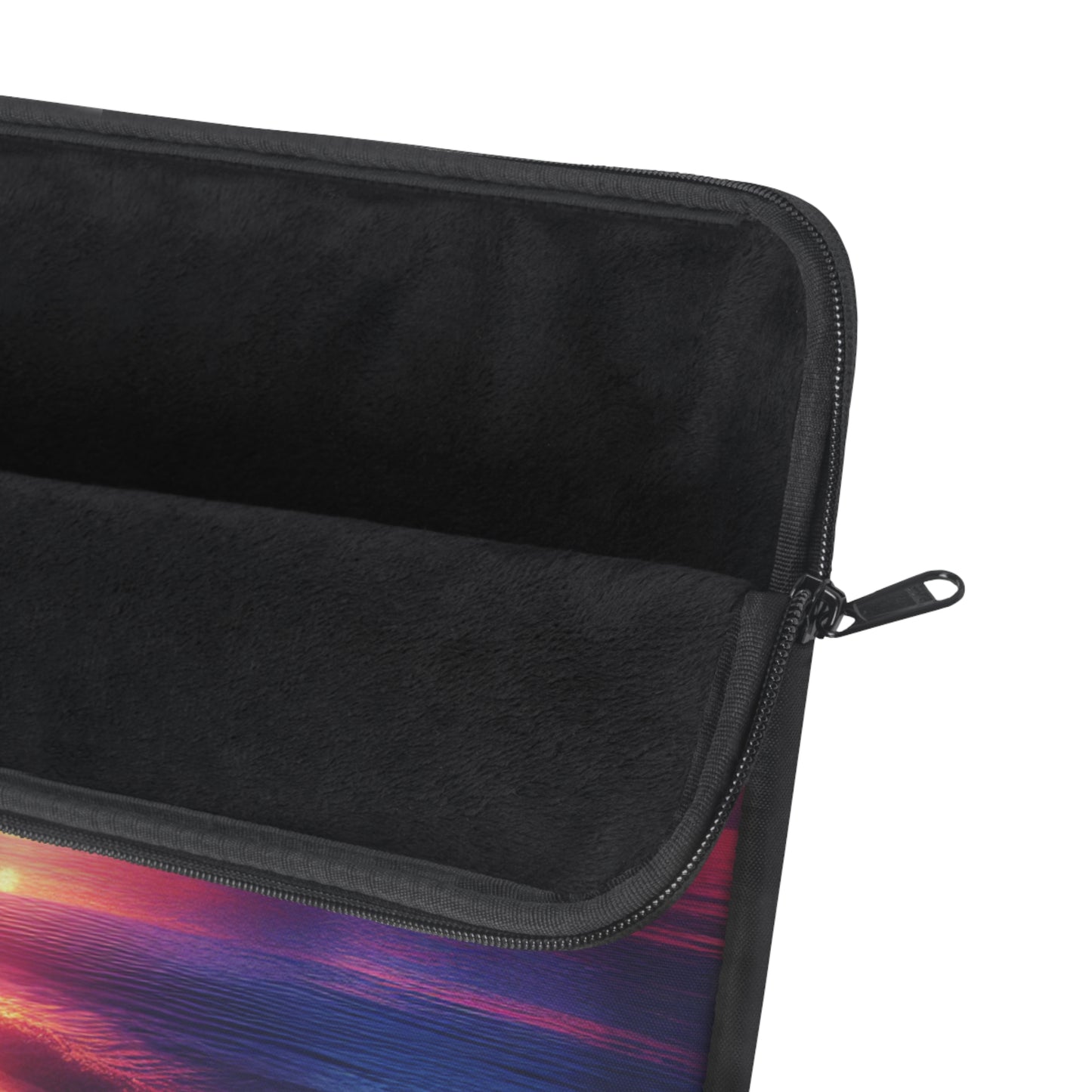 "Paradise Dusk: An Island Sunset Symphony" - Laptop Sleeve with Tropical Beach Sunset with Palm Trees Art