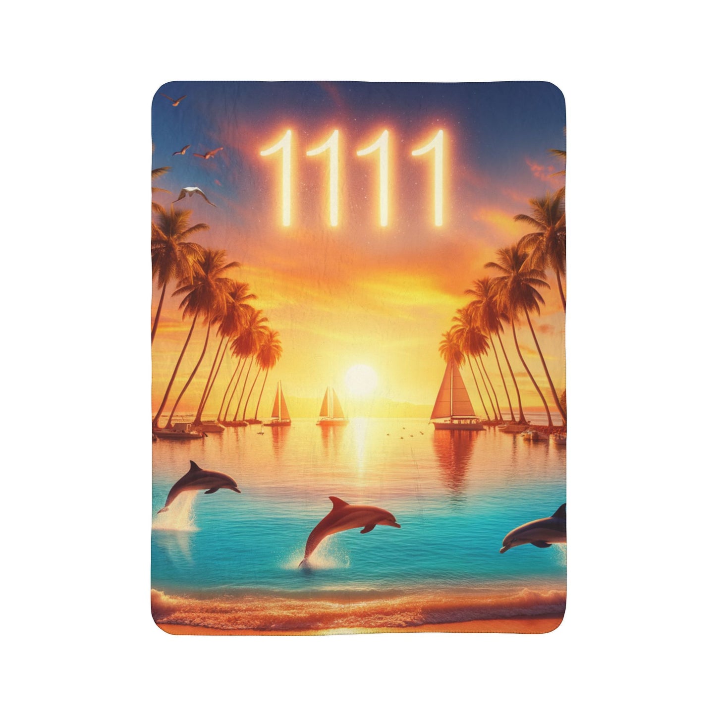 Sherpa Fleece Blanket 1111 "Serene Paradise: An Angelic Symphony at 1111 Sunset" - with Tropical Beach Sunset, Palm Trees, Dolphins, and Sailboats