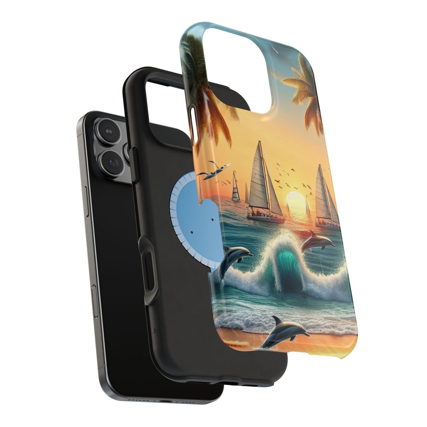 Phone Case, Magnetic Tough Cases, Sundrenched Serenity, Iphone 13-16 Pro Plus & Max, Beach Sunset Dolphins Sailboats HD Art,