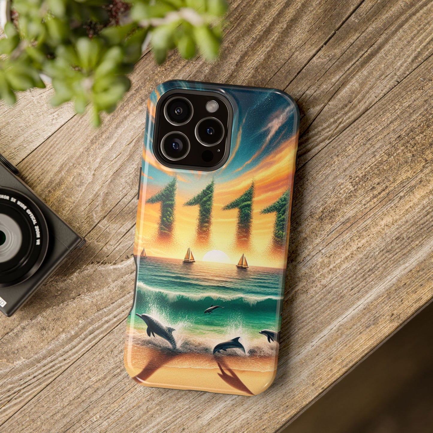 Magnetic Tough Phone case for phone 16 15 14 13 Pro Plus and Max 1111 "Paradise Lost in Dusk" - Tough Phone Case with Tropical Beach Sunset Dolphins ande Sailboats HD Art