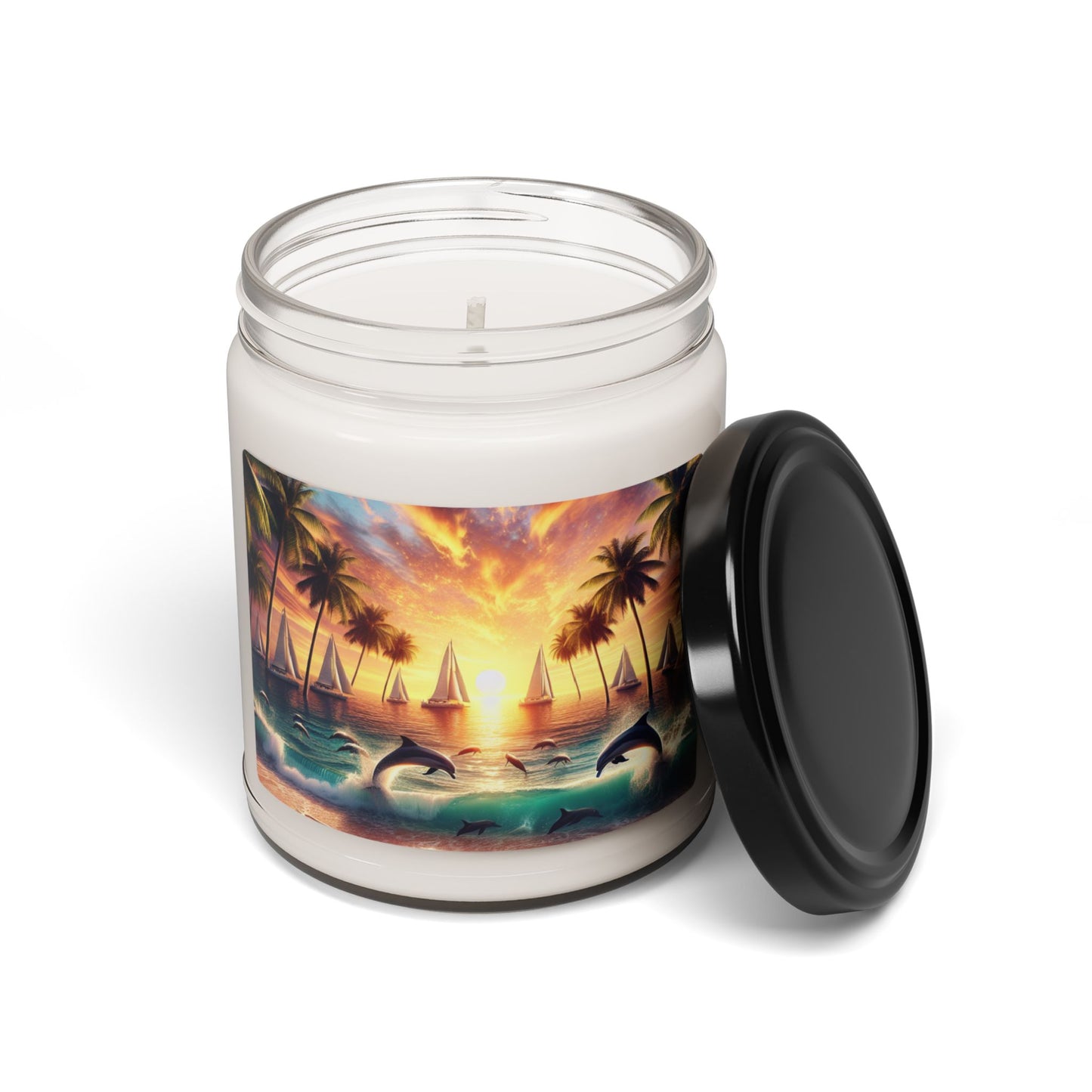 Scented Candle 9 Flavors "Dolphin Delight: A Tropical Sundown Symphony" - 1111 Tropical Beach Sunset with Palm Trees, Dolphins, and Sailboats Art