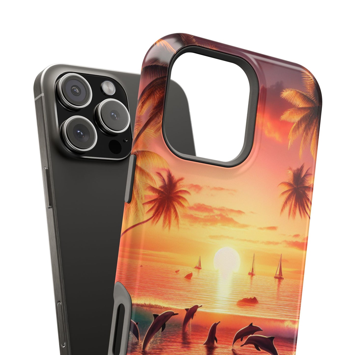Magnetic Iphone 16 15 14 13 Pro and Max Angel number 1111 in the sand "Serenity At Dusk: Tropical Beach Euphoria" - Tough Phone Case with Tropical Beach Sunset Dolphins ande Sailboats HD Art