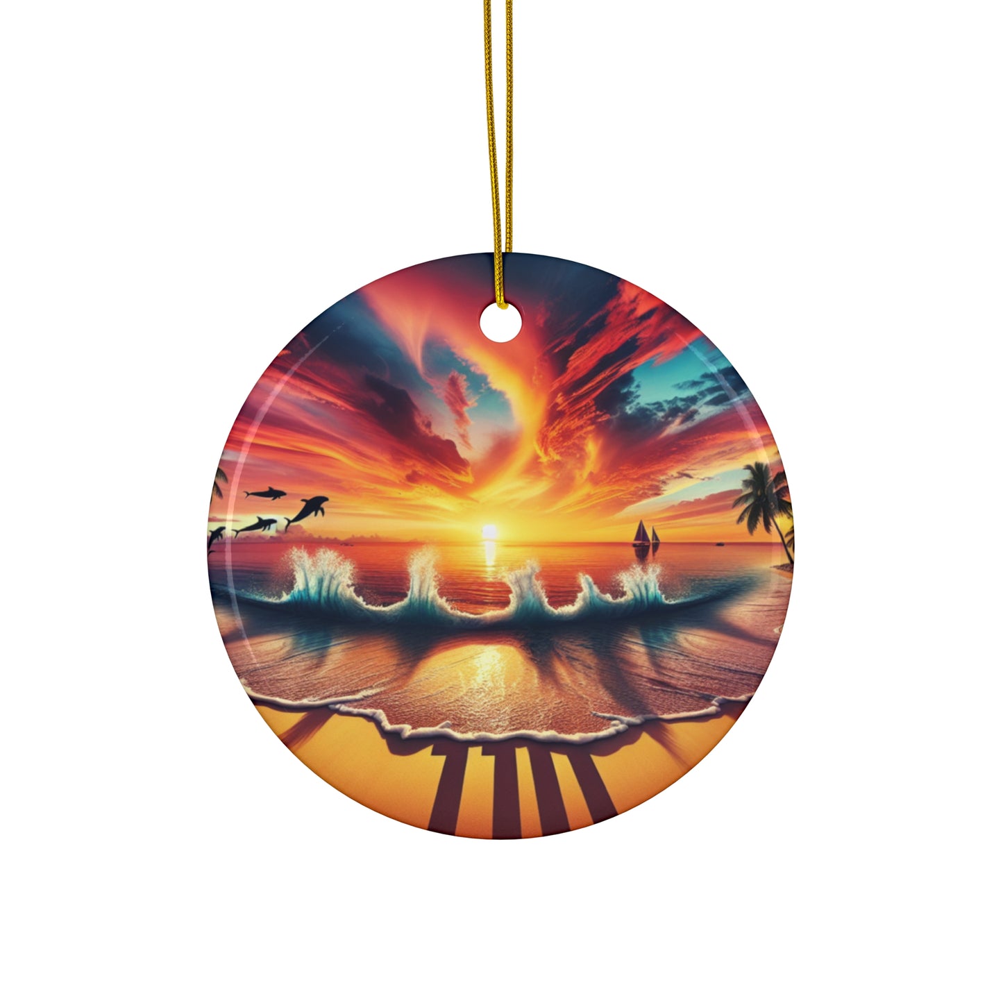 Ceramic Ornament Star, Heart, Snowflake or Circle 1111 "Paradise Embrace: Tropical Sunset Serenade" - Tropical Beach Sunset with Palm Trees, Dolphins, and Sailboats