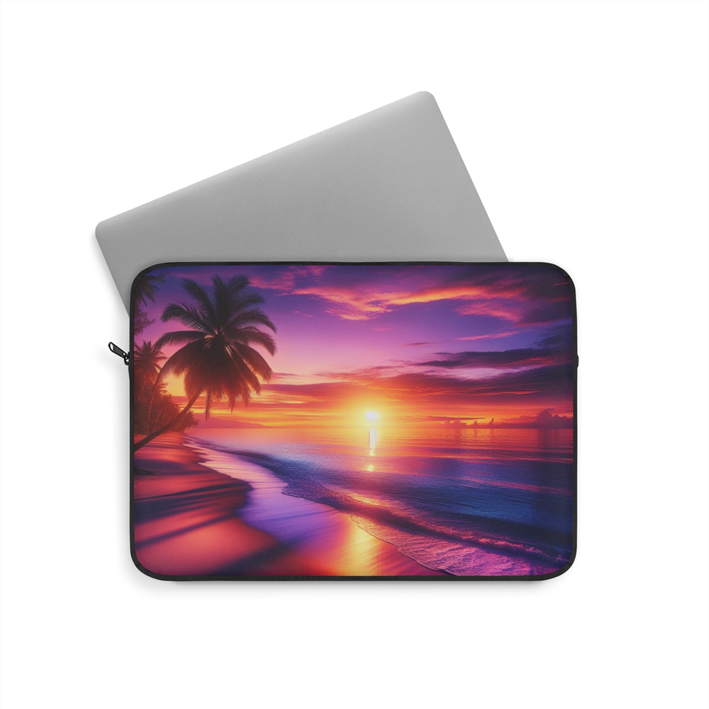 "Paradise Dusk: An Island Sunset Symphony" - Laptop Sleeve with Tropical Beach Sunset with Palm Trees Art