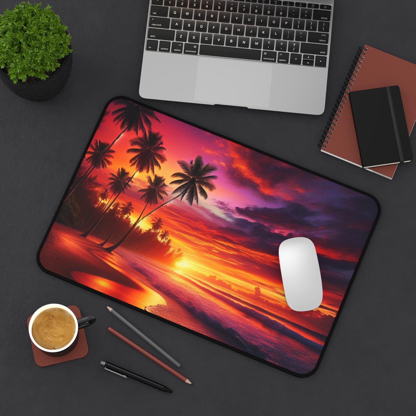 "Serenity Sands: A Tropical Twilight Symphony" - Computer Desk Mat with Vivid Tropical Beach Sunset and Palm Trees Vibes