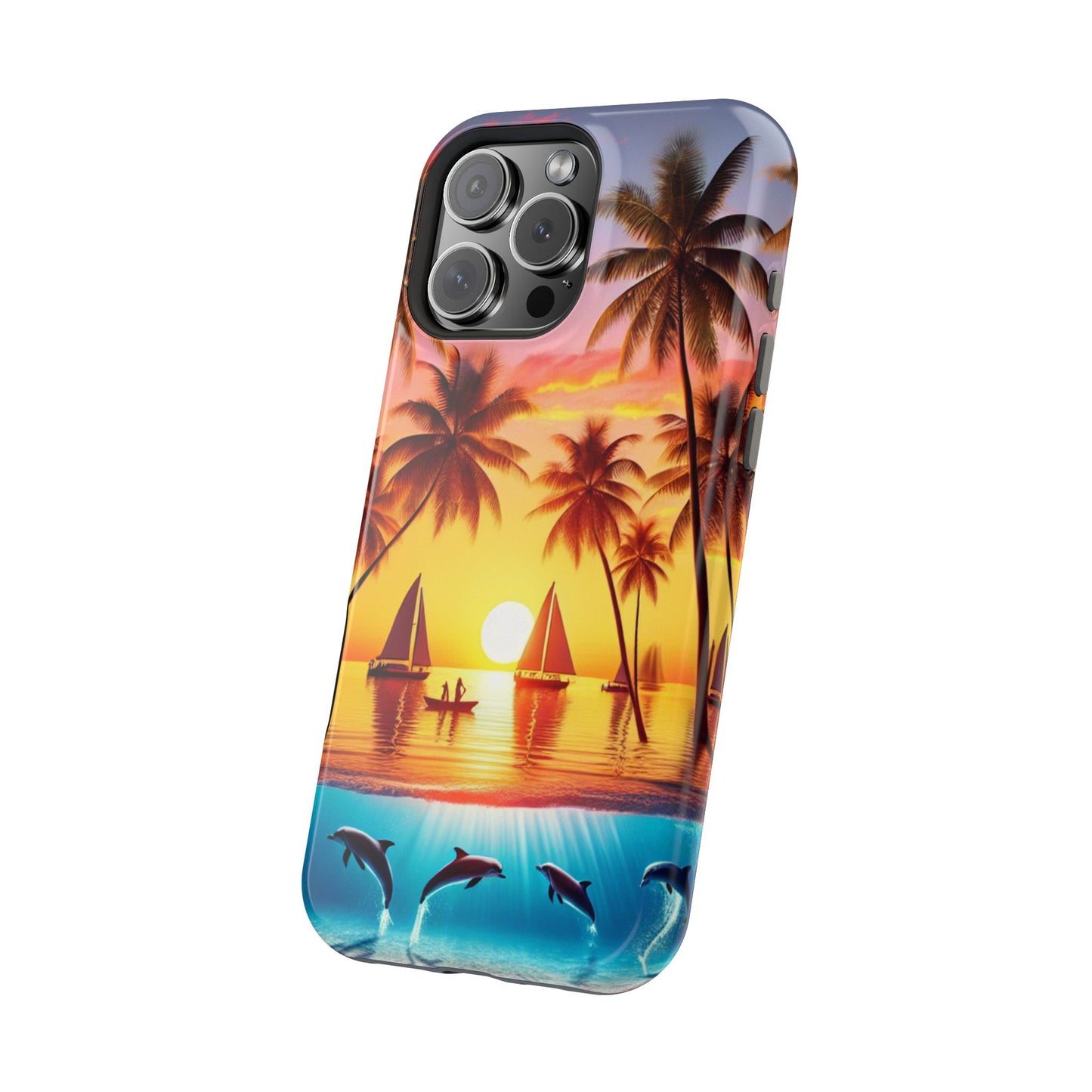 Magnetic Iphone 16 15 14 13 Pro and Max "Serenity at Sunset: A Tropical Tranquility" - Tough Phone Case with Tropical Beach Sunset Dolphins and Sailboats HD Art