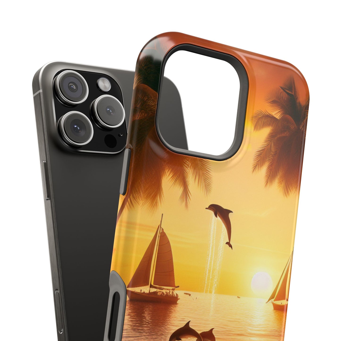 Magnetic Tough Phone case for phone 16 15 14 13 Pro Plus and Max 1111 "Sundrenched Palms: A Tropical Twilight Masterpiece" - Tough Phone Case with Tropical Beach Sunset Dolphins ande Sailboats HD Art