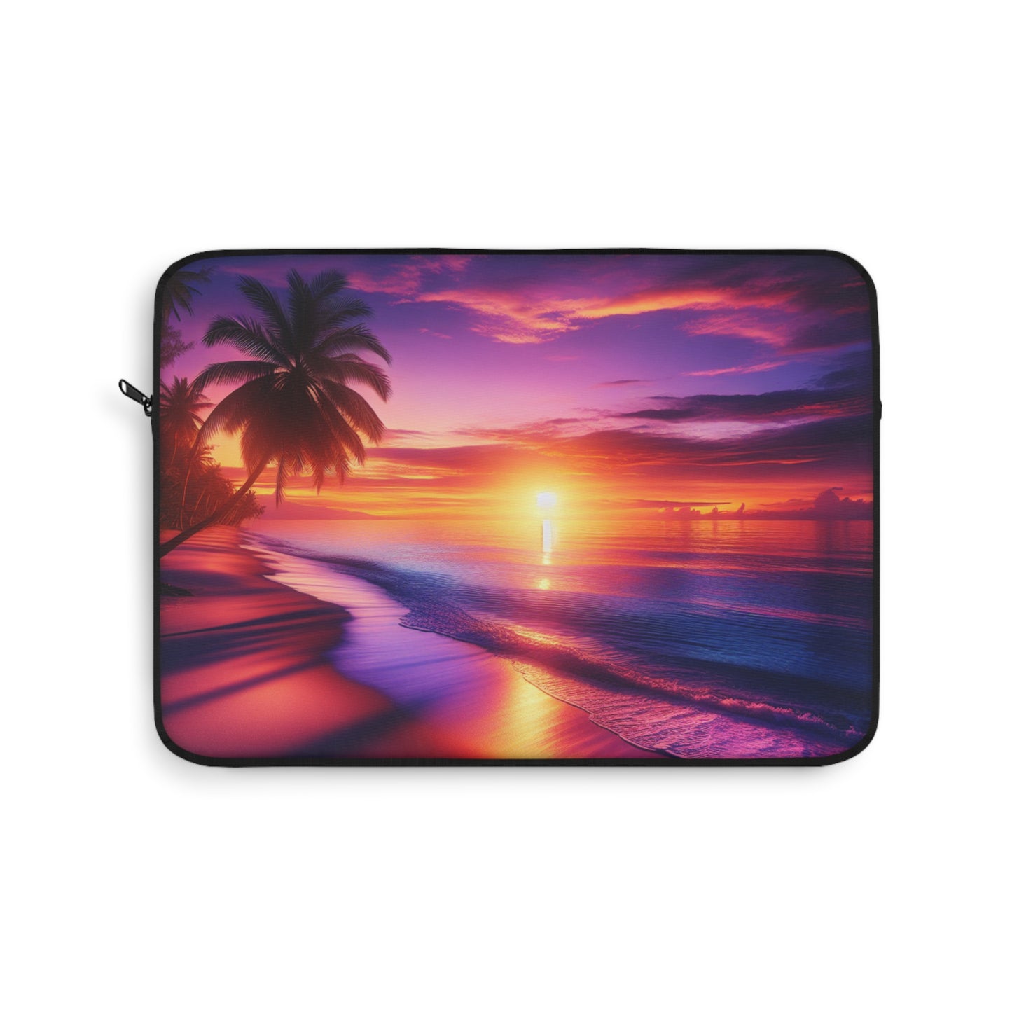 "Paradise Dusk: An Island Sunset Symphony" - Laptop Sleeve with Tropical Beach Sunset with Palm Trees Art