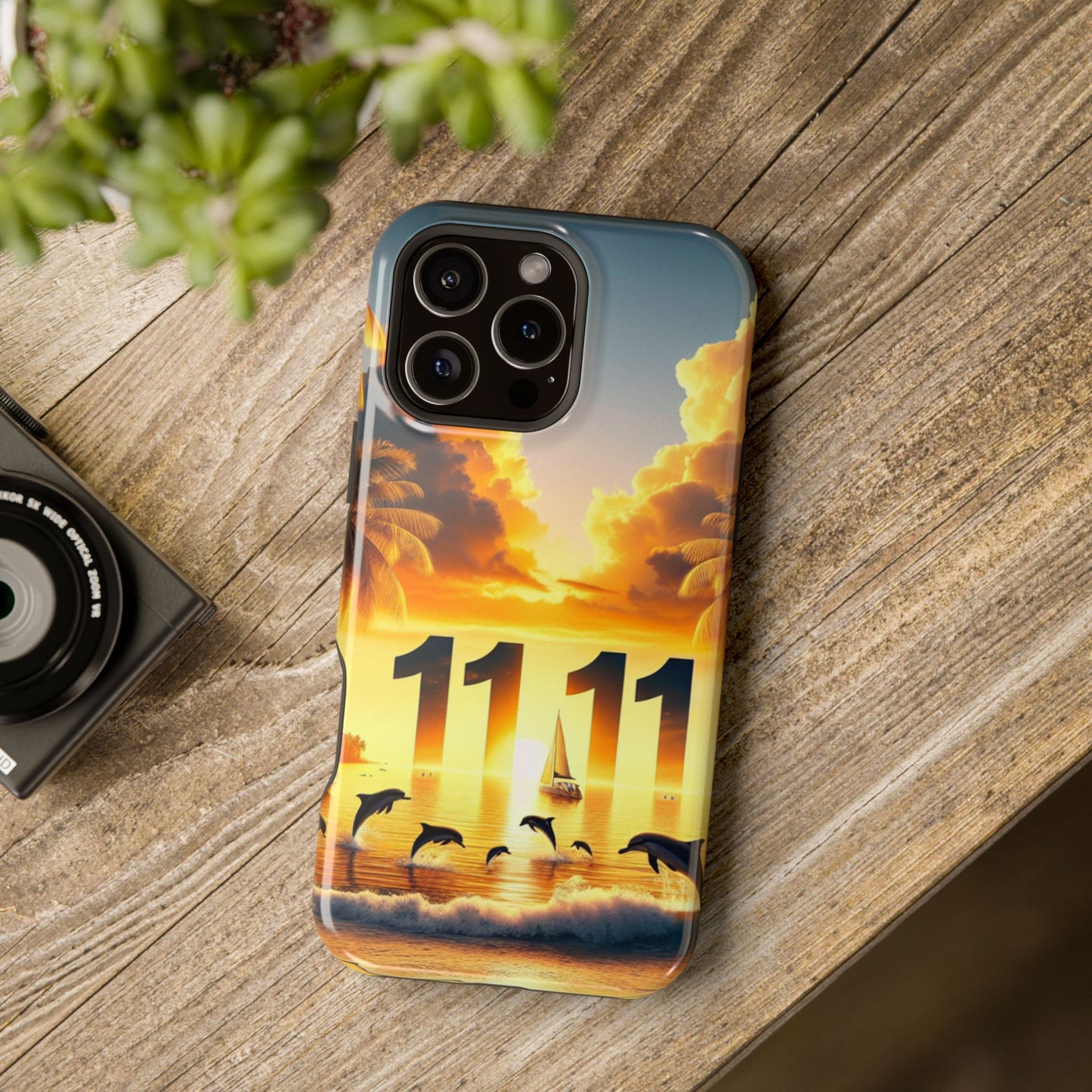 Magnetic Iphone 16 15 14 13 Pro and Max 1111 "Paradise Sunset: An Enchanted Tropical Reverie" - Tough Phone Case with Tropical Beach Sunset Dolphins ande Sailboats HD Art