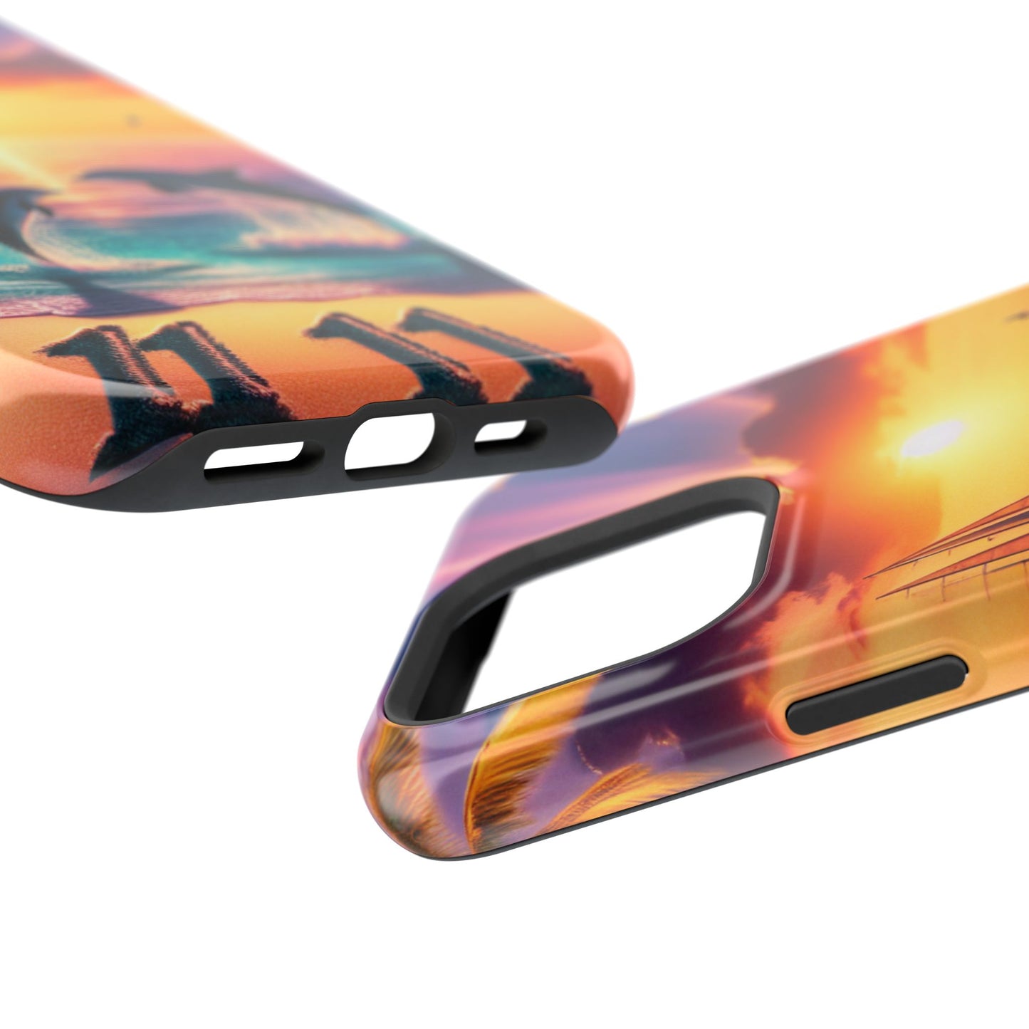 Magnetic Tough Phone case for phone 16 15 14 13 Pro Plus and Max 1111 "Sunset Serenity: A Tropical Paradise" - Tough Phone Case with Tropical Beach Sunset Dolphins ande Sailboats HD Art