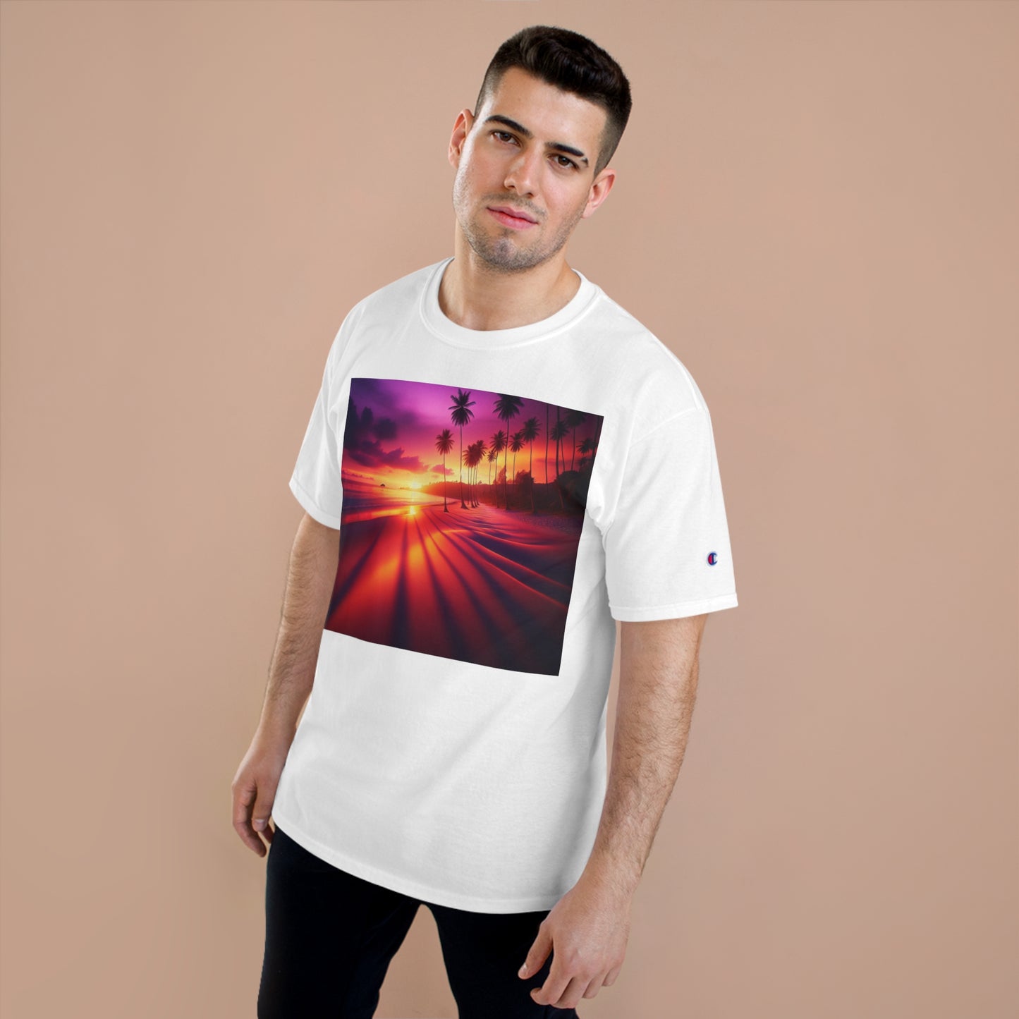 "Palms Embrace the Sun: A Tropical Twilight Symphony" - Champion Tee Tropical Beach Sunset with Palm Trees