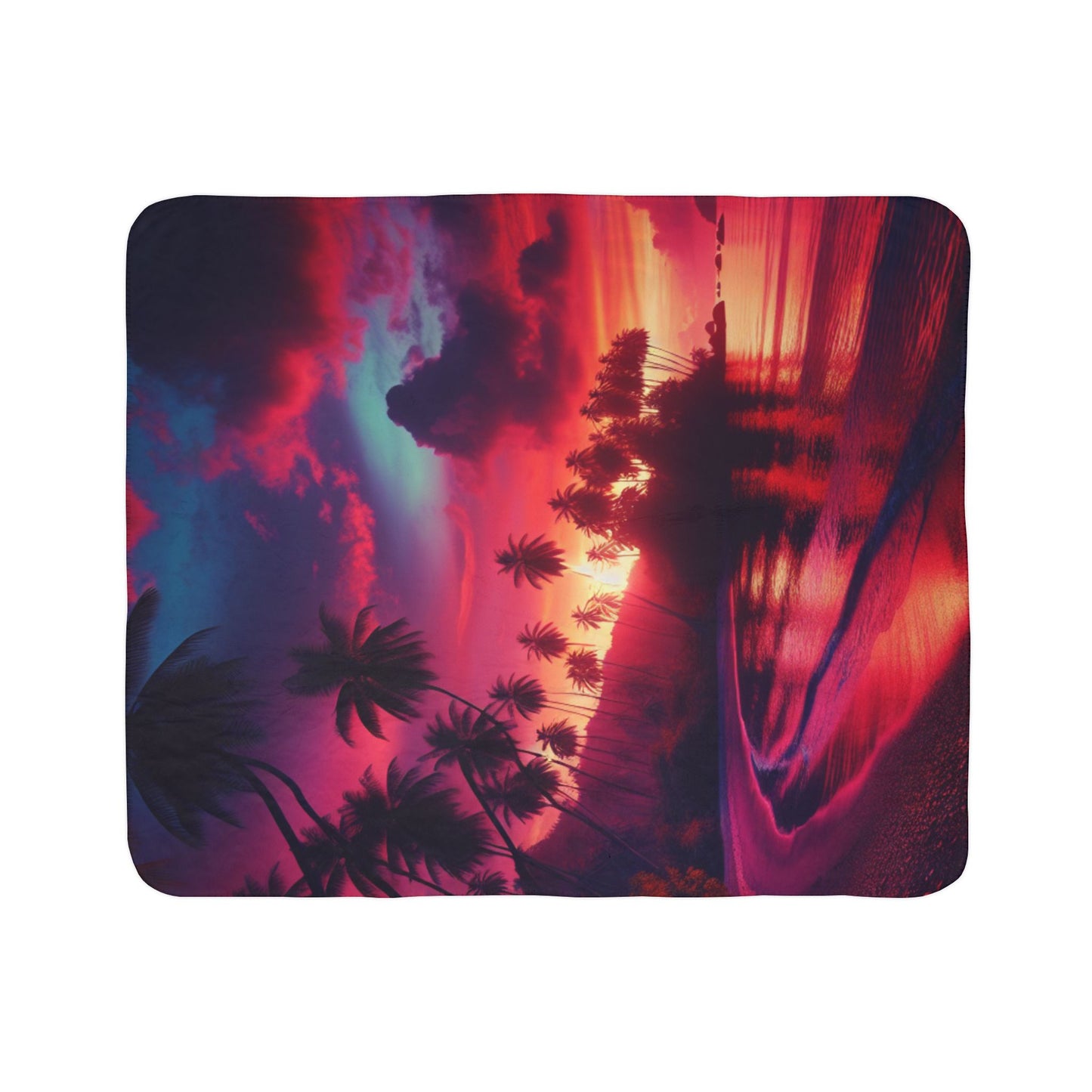 "Paradise Twilight: A Tropical Beach Symphony" - Sherpa Fleece Blanket with Tropical Beach Sunset and Palm Trees