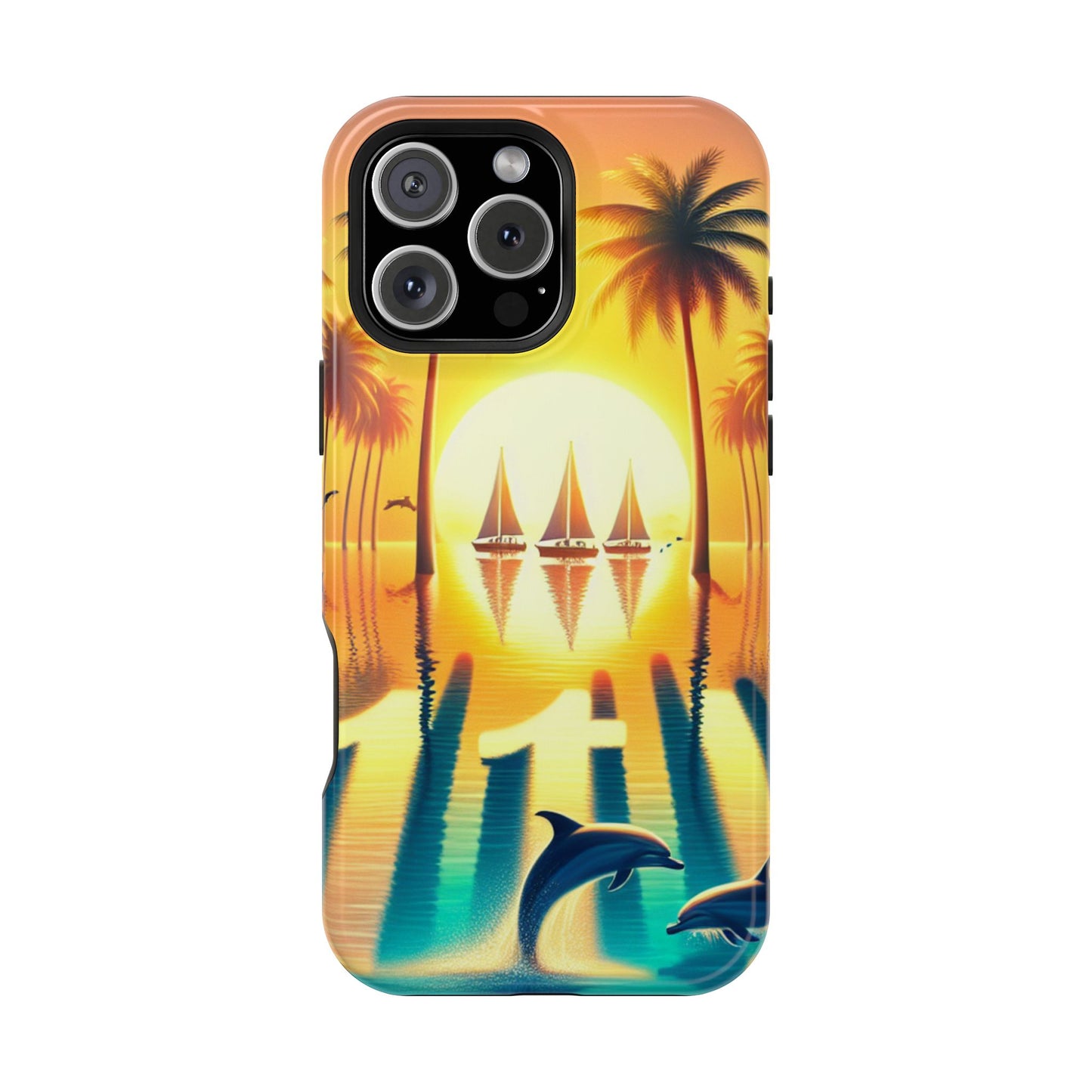 Magnetic Tough Phone case for phone 16 15 14 13 Pro Plus and Max 1111 "Sundrenched Serenity: A Tropical Twilight Masterpiece" - Tough Phone Case with Tropical Beach Sunset Dolphins ande Sailboats HD Art