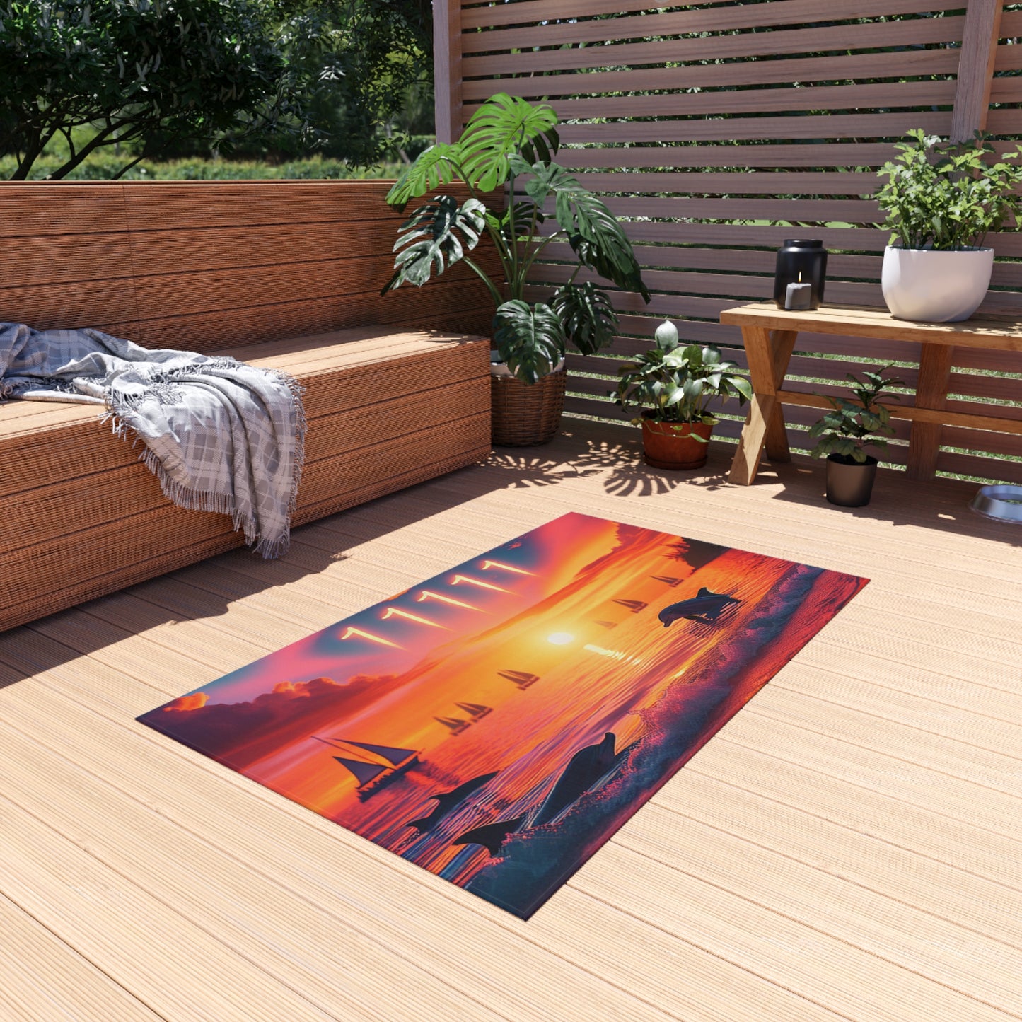 Tropical Beach Sunset with Dolphins, Sailboats and Angel number 11111 in the sky Outdoor Rug