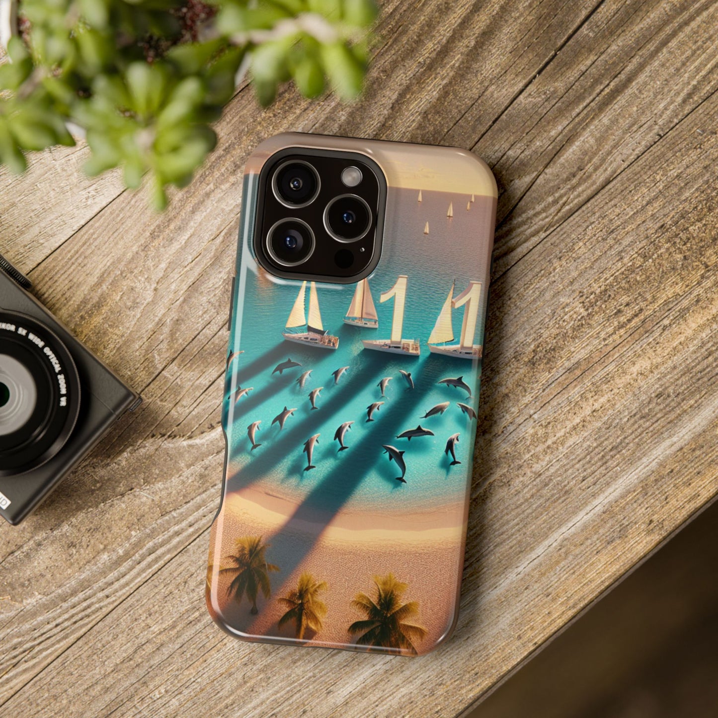 Tough Phone Case, Paradise Unveiled: A Tropical Sunset Symphony, Magnetic Iphone 13-16 Pro Plus and Max 1111, Beach Dolphins Sailboats, HD