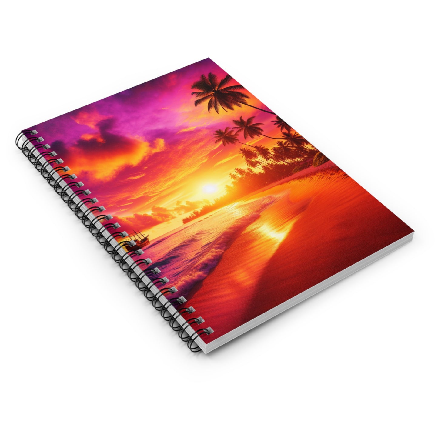"Tropical Serenade at Sunset" - Spiral Notebook with Ruled Lines and Tropical Beach Sunset Palm Trees Art