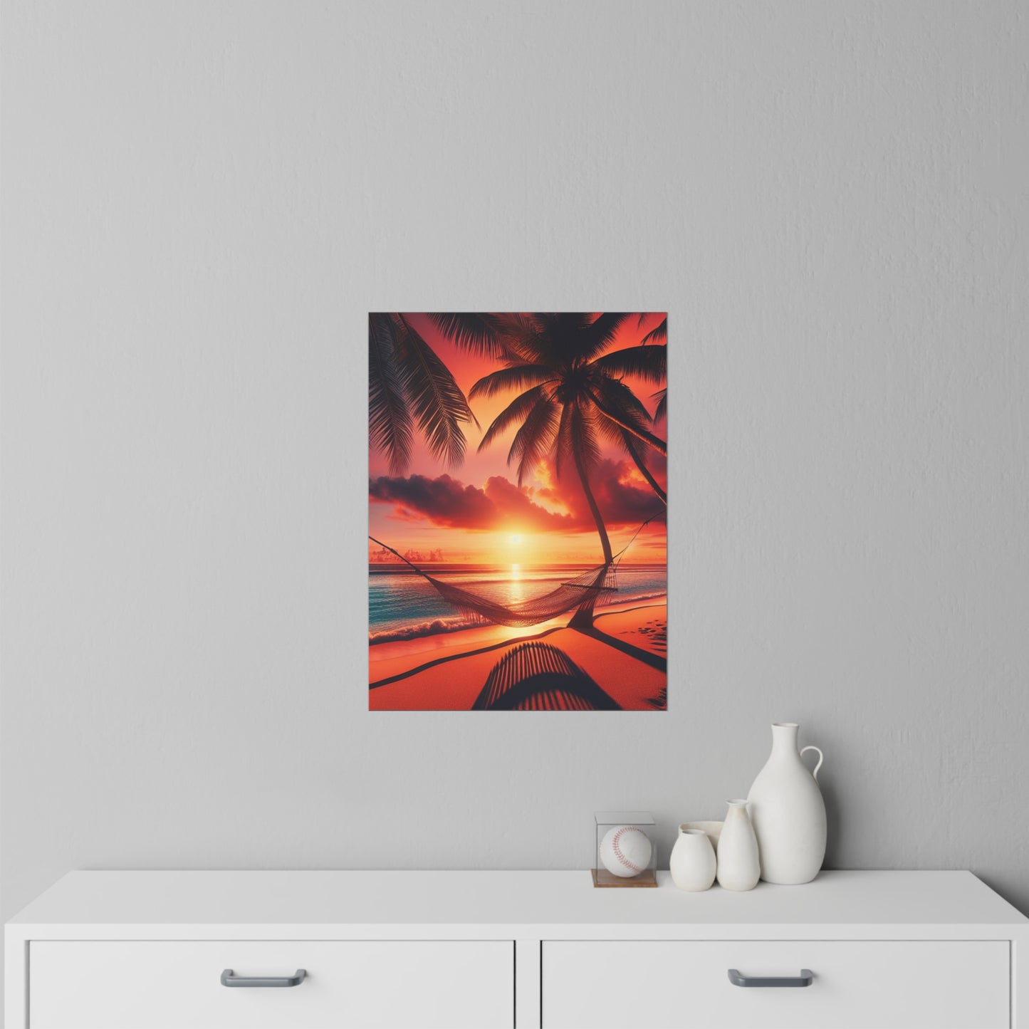 "Tropical Twilight Serenity: An Ode to Palm Paradises" - Tropical Beach at Sunset Repositionanable Wall Art