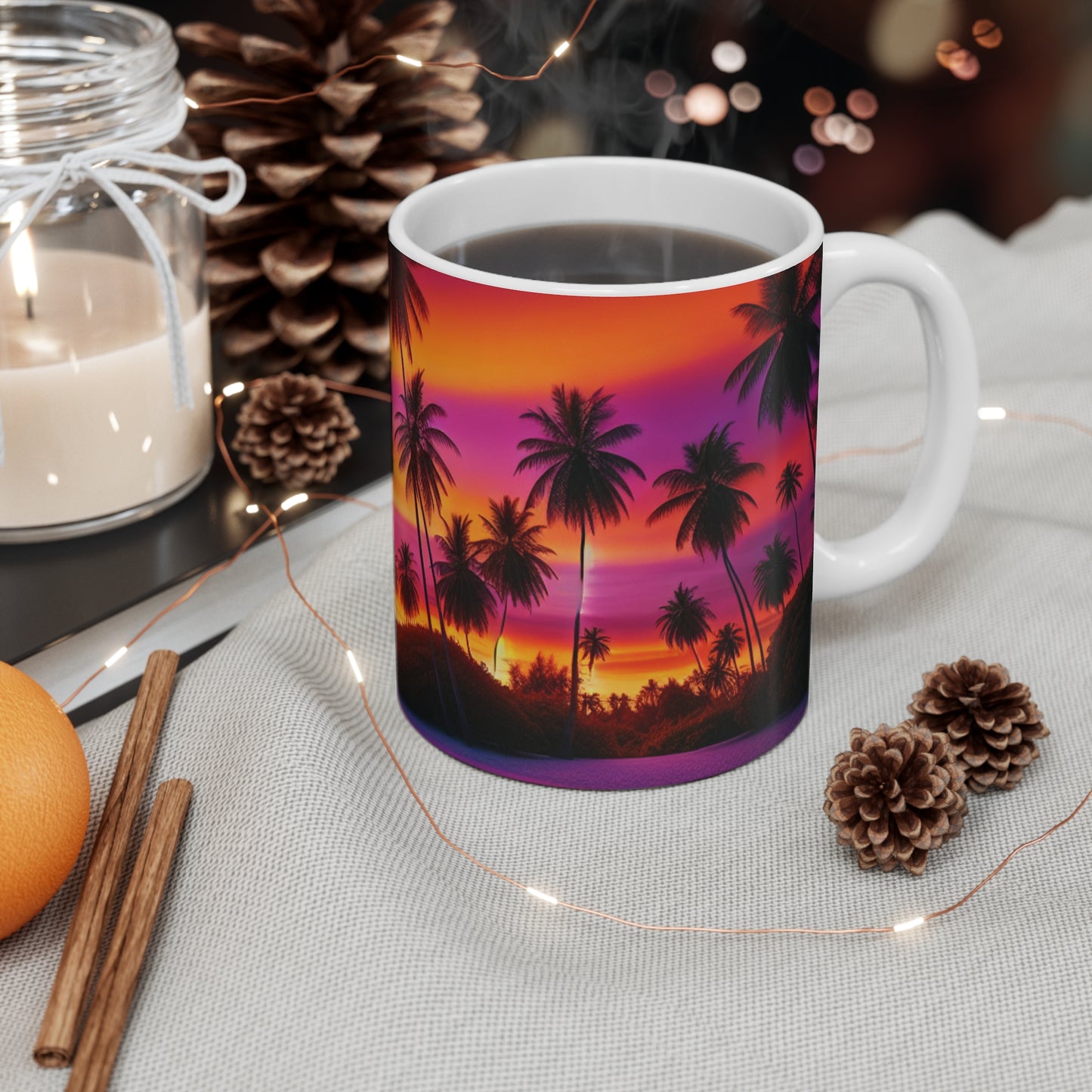 "Paradise Sunset: A Tropical Haven" - Tropical Beach Sunset with Palm Trees 11oz White Mugs