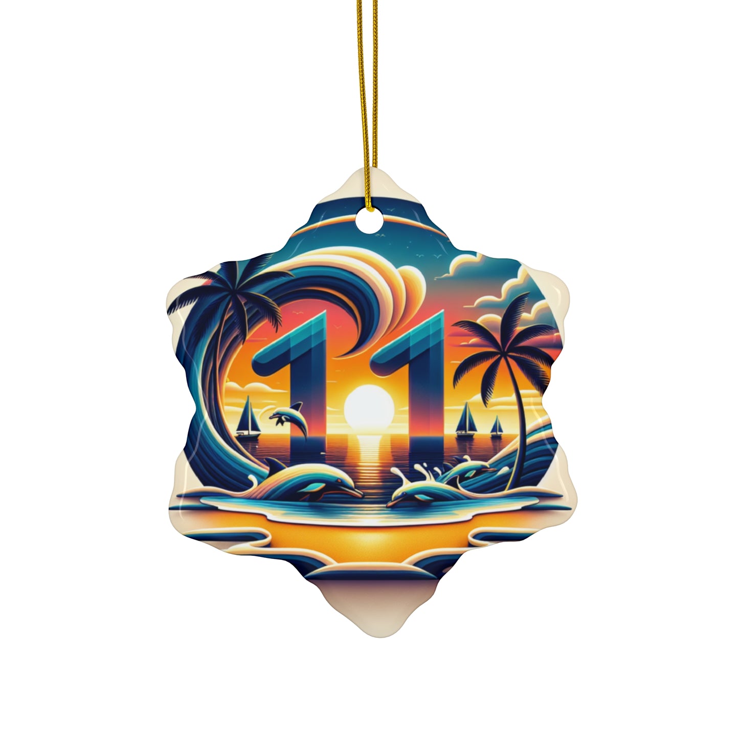 Ceramic Ornament Star, Heart, Snowflake or Circle 1111 "Paradise's Twilight: Tropical Beach Sunset Serenade" - Tropical Beach Sunset with Palm Trees, Dolphins, and Sailboats