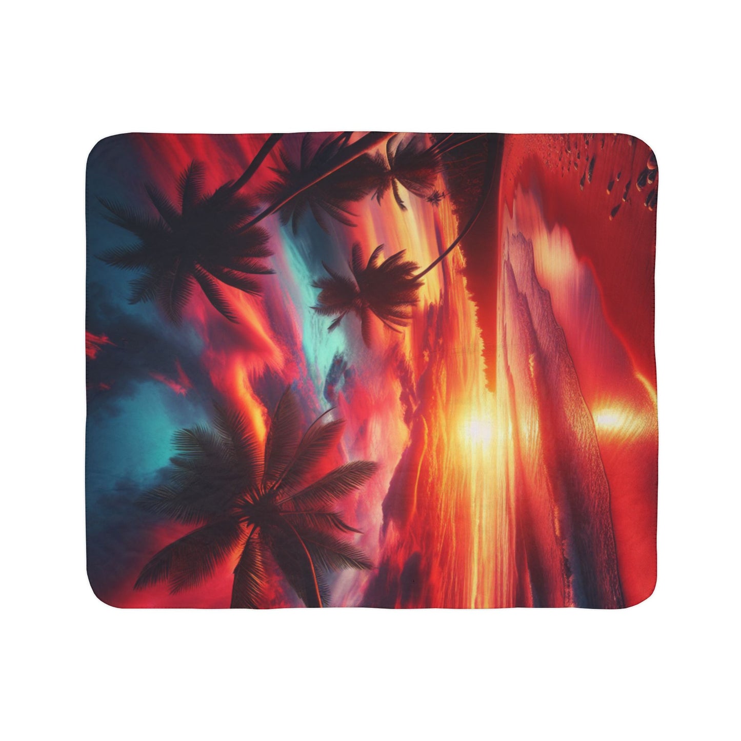 "Island Serenity: A Tropical Sunset Symphony" - Sherpa Fleece Blanket with Tropical Beach Sunset and Palm Trees