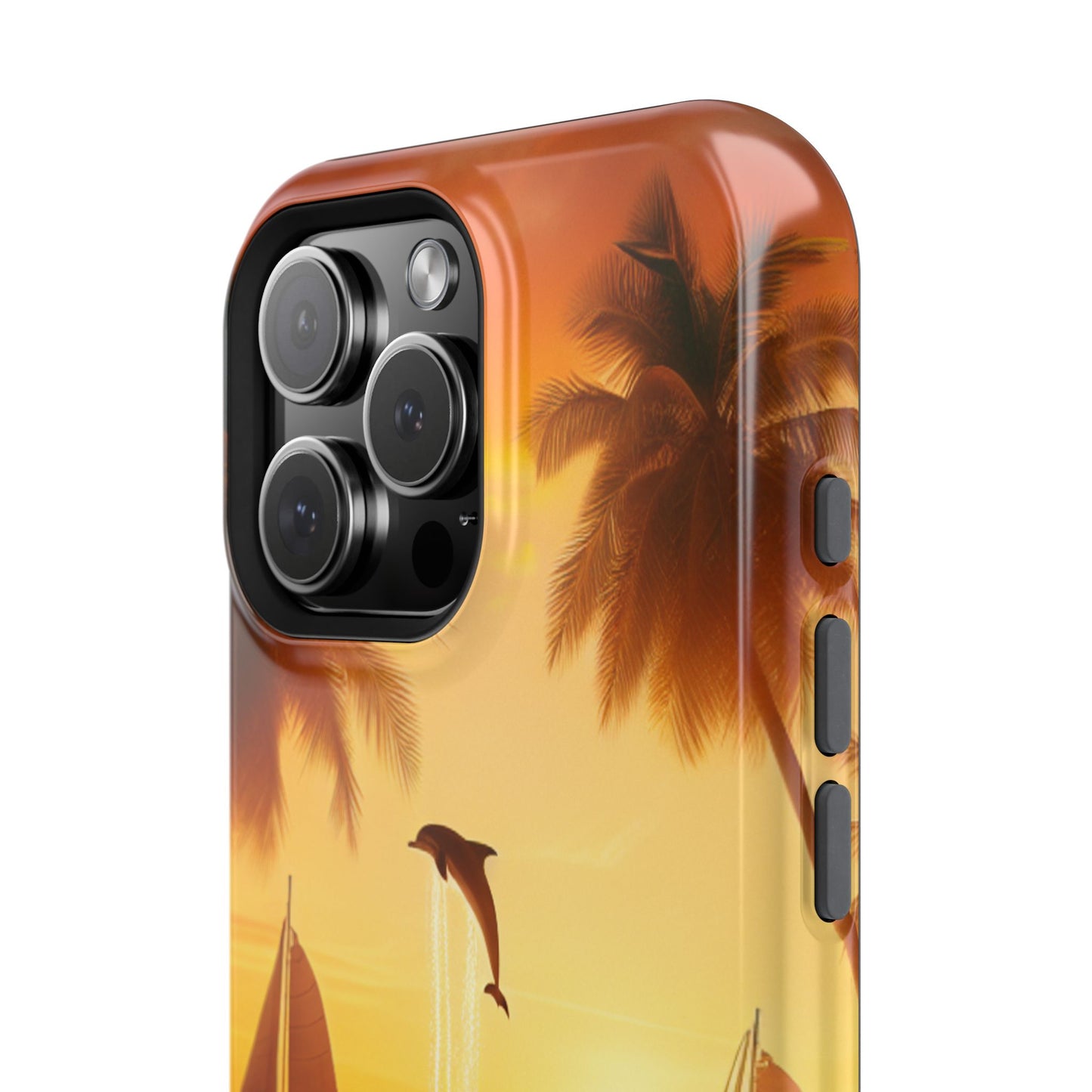Magnetic Tough Phone case for phone 16 15 14 13 Pro Plus and Max 1111 "Sundrenched Palms: A Tropical Twilight Masterpiece" - Tough Phone Case with Tropical Beach Sunset Dolphins ande Sailboats HD Art