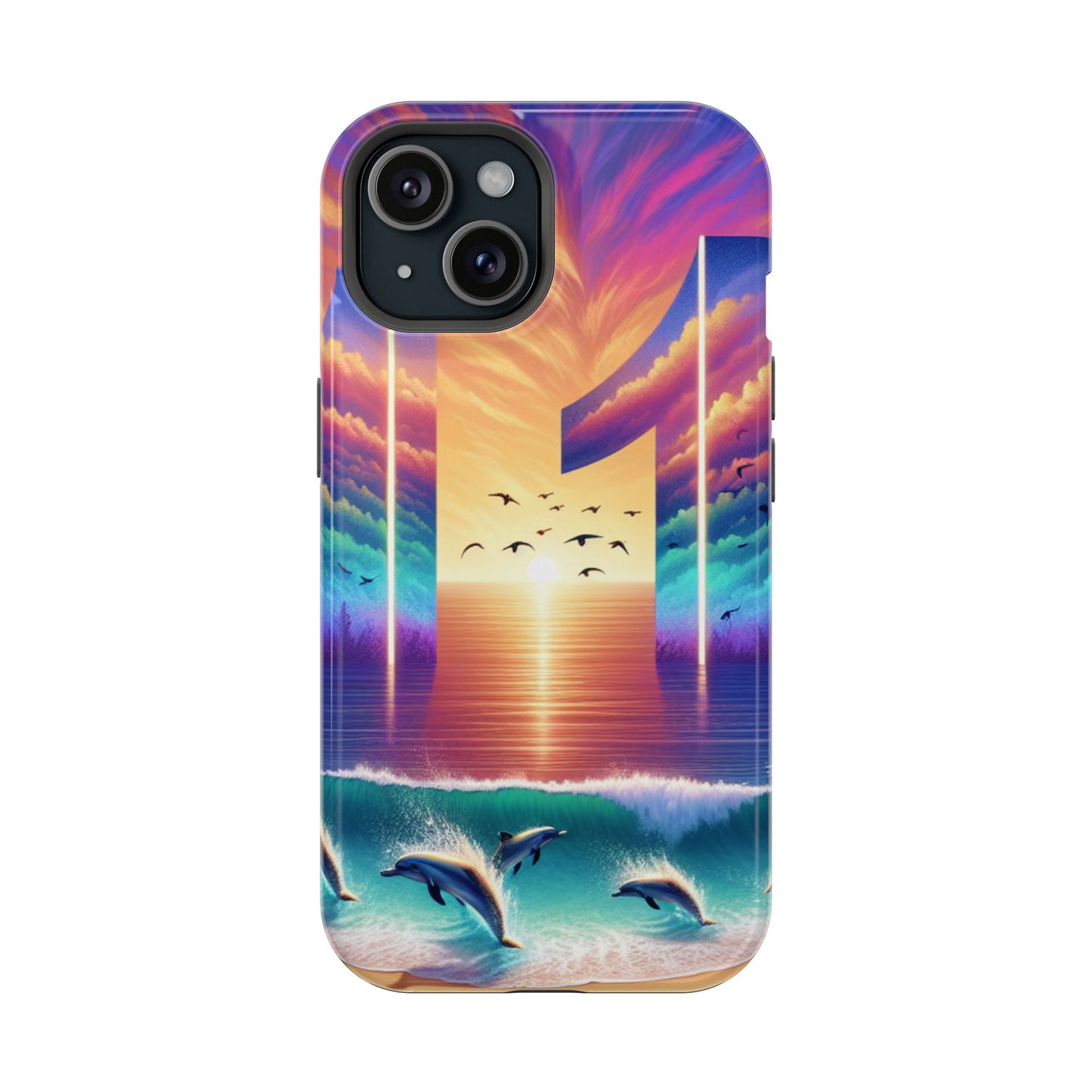 Magnetic Tough Phone case for phone 16 15 14 13 Pro Plus and Max 1111 "Island Serenity: Sunset Haven" - Tough Phone Case with Tropical Beach Sunset Dolphins ande Sailboats HD Art